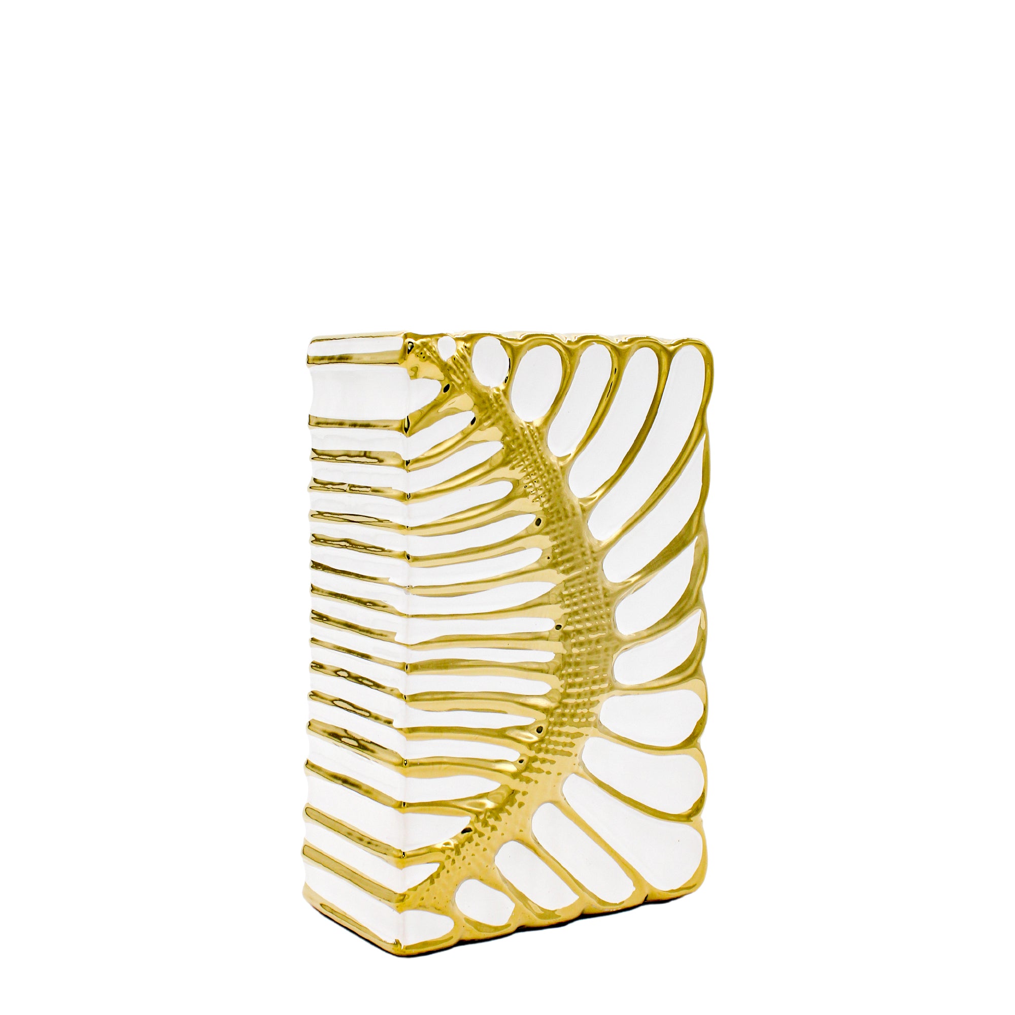 Medium White and Gold Ceramic Vase with Raised Pattern