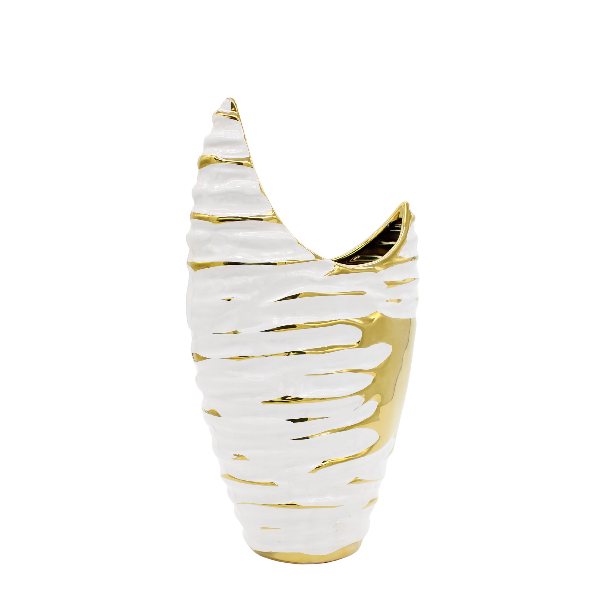 White and Gold Textured Ceramic Vase with Crescent Curved Detail