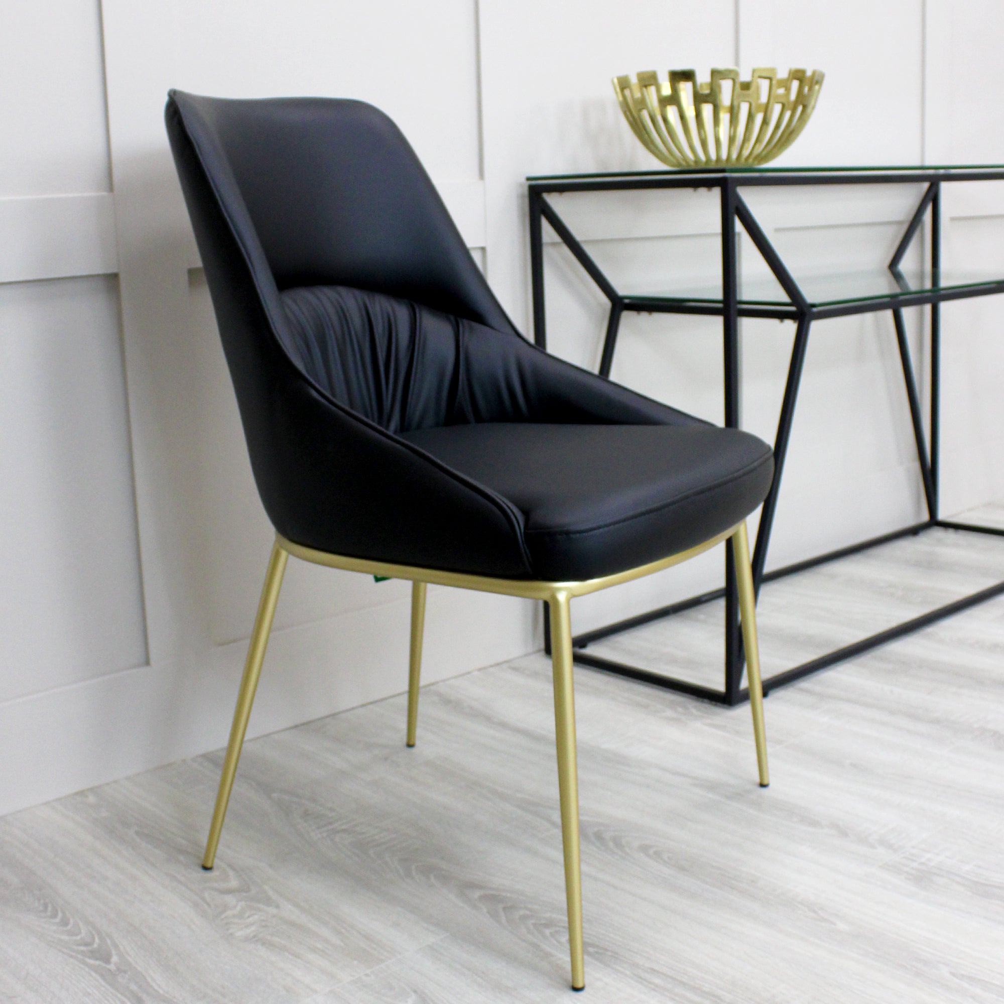 Axel Black Leather Dining Chair Wrinkle Design With Gold Legs