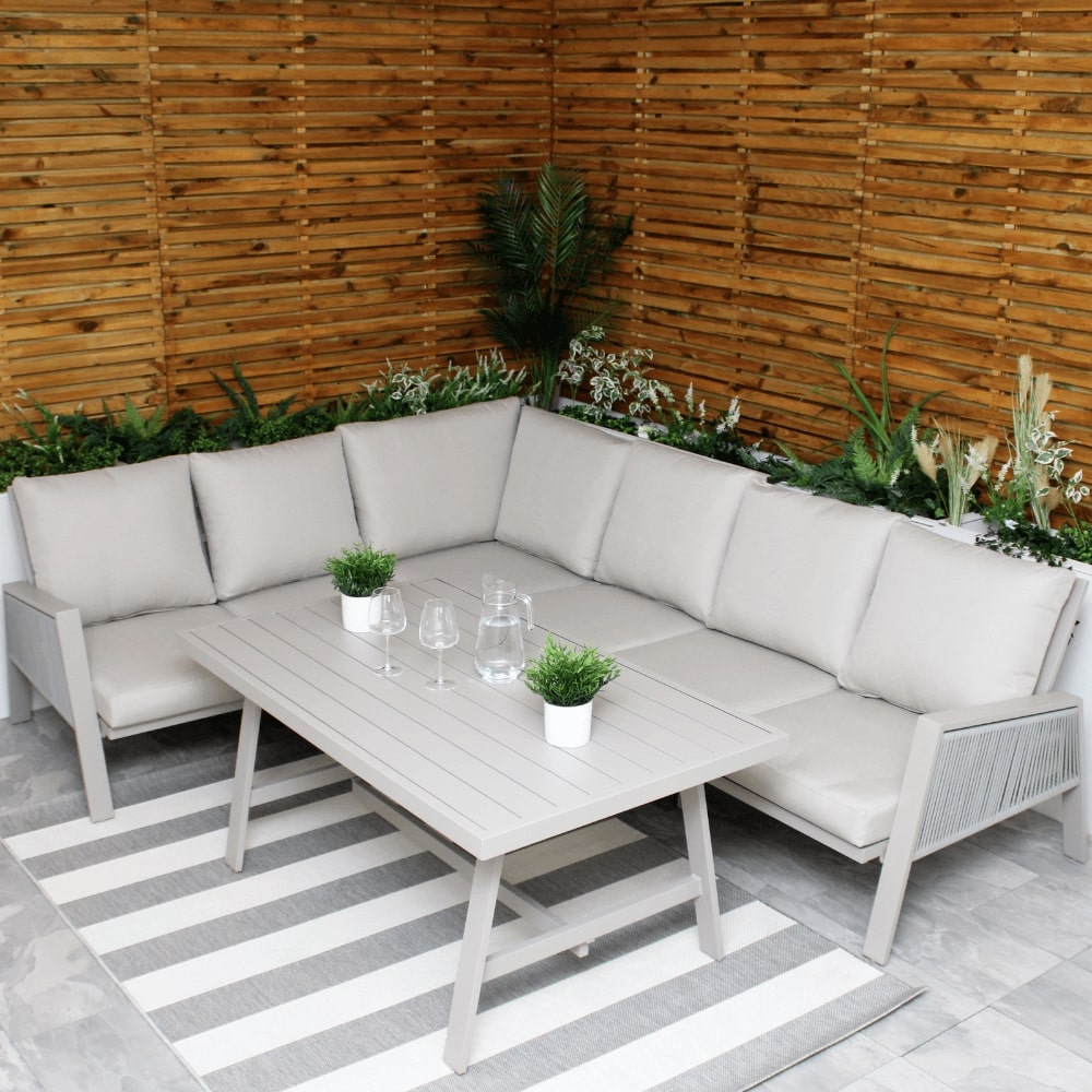 Sicily Beige Aluminium 6 Seater Dining Set Corner Sofa With Beige Cushions