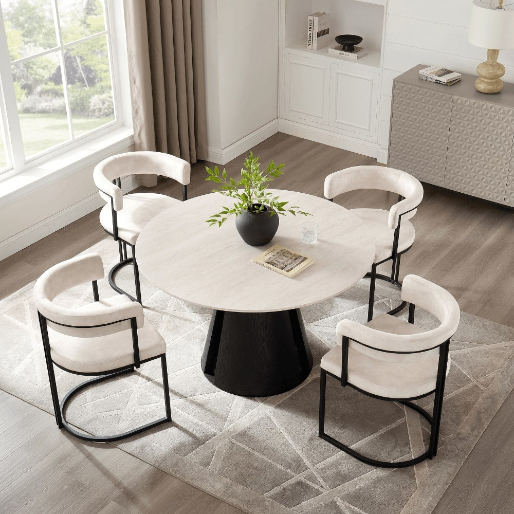 Maya Round Light Cream Ceramic Dining Set With 4 Mia Cream Chairs
