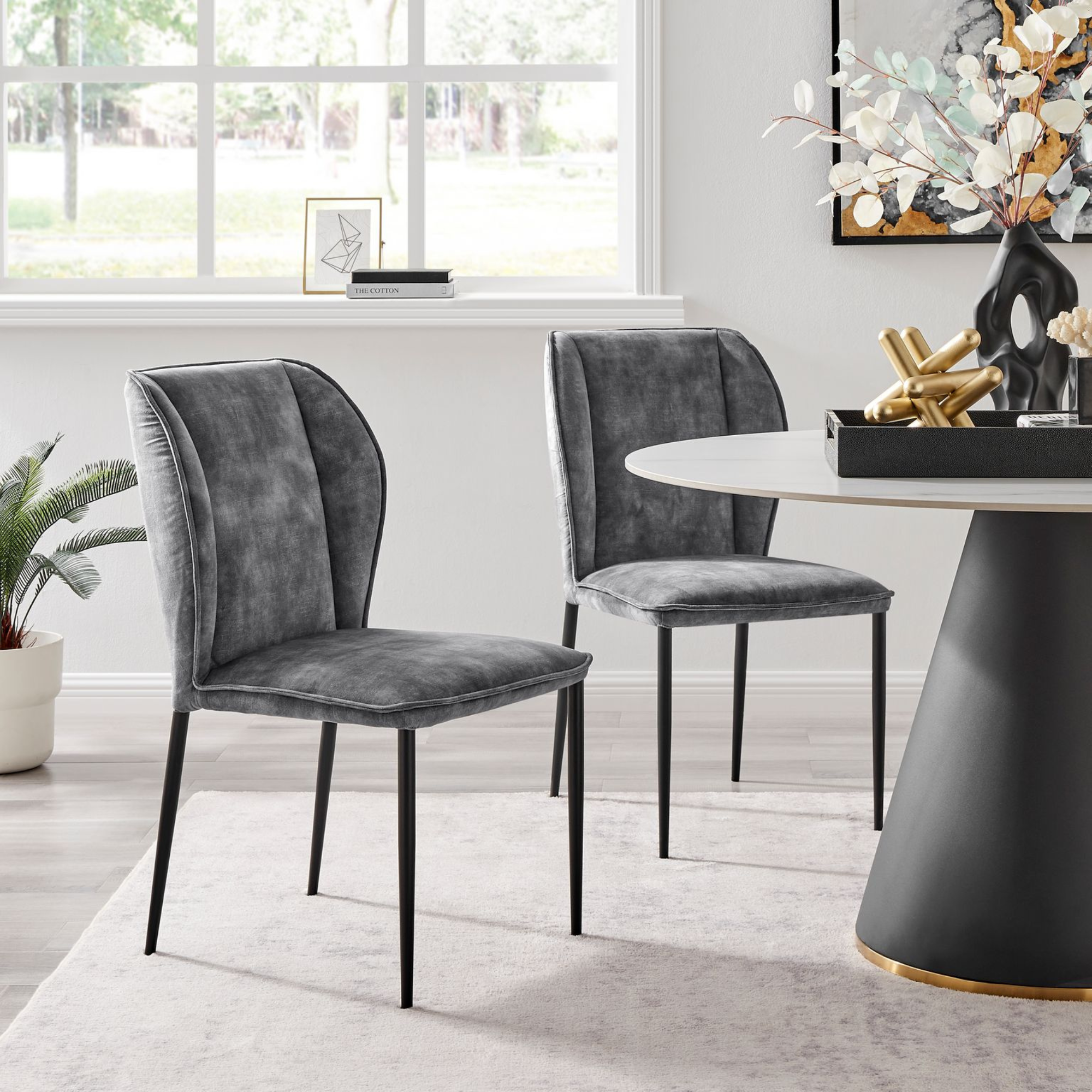 Nina Grey Velvet Wingback Dining Chair with Black Legs