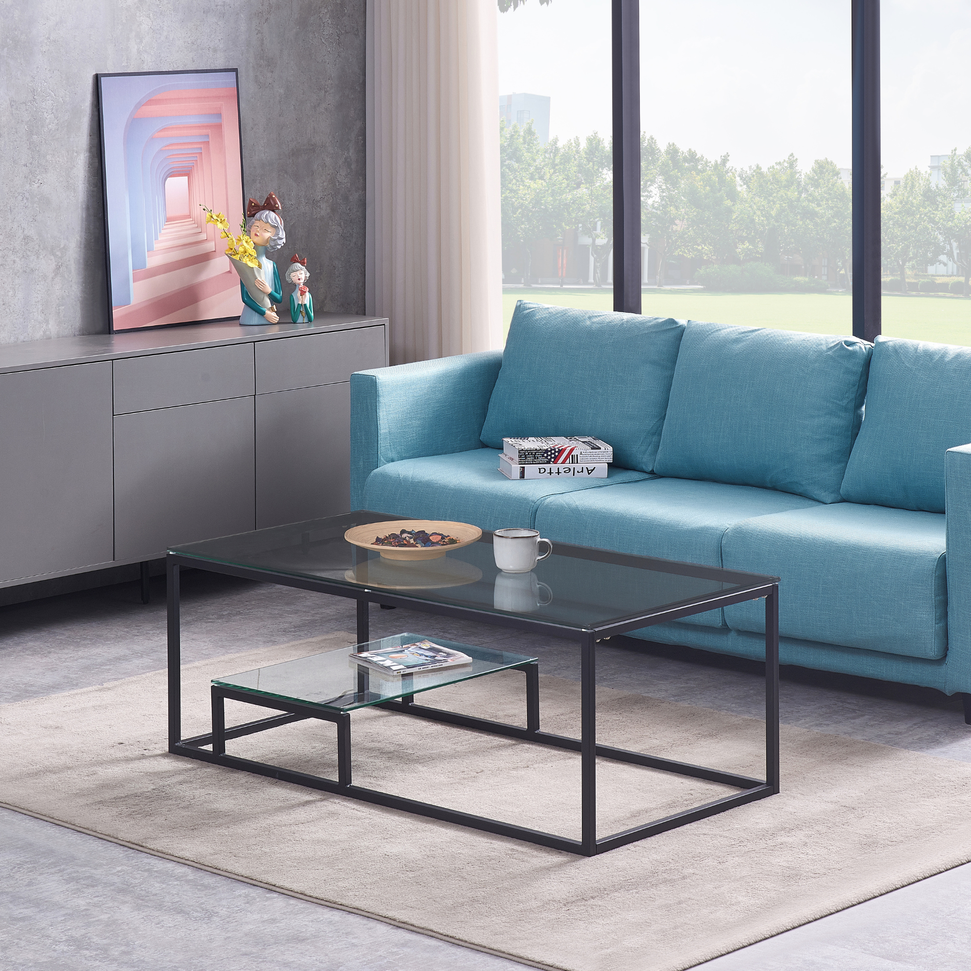 Enzo Clear Glass Coffee Table With Matte Black Frame