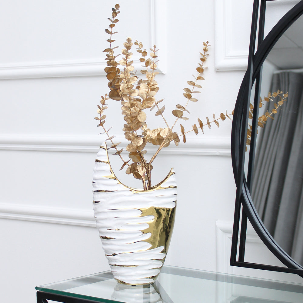 White and Gold Textured Ceramic Vase with Crescent Curved Detail