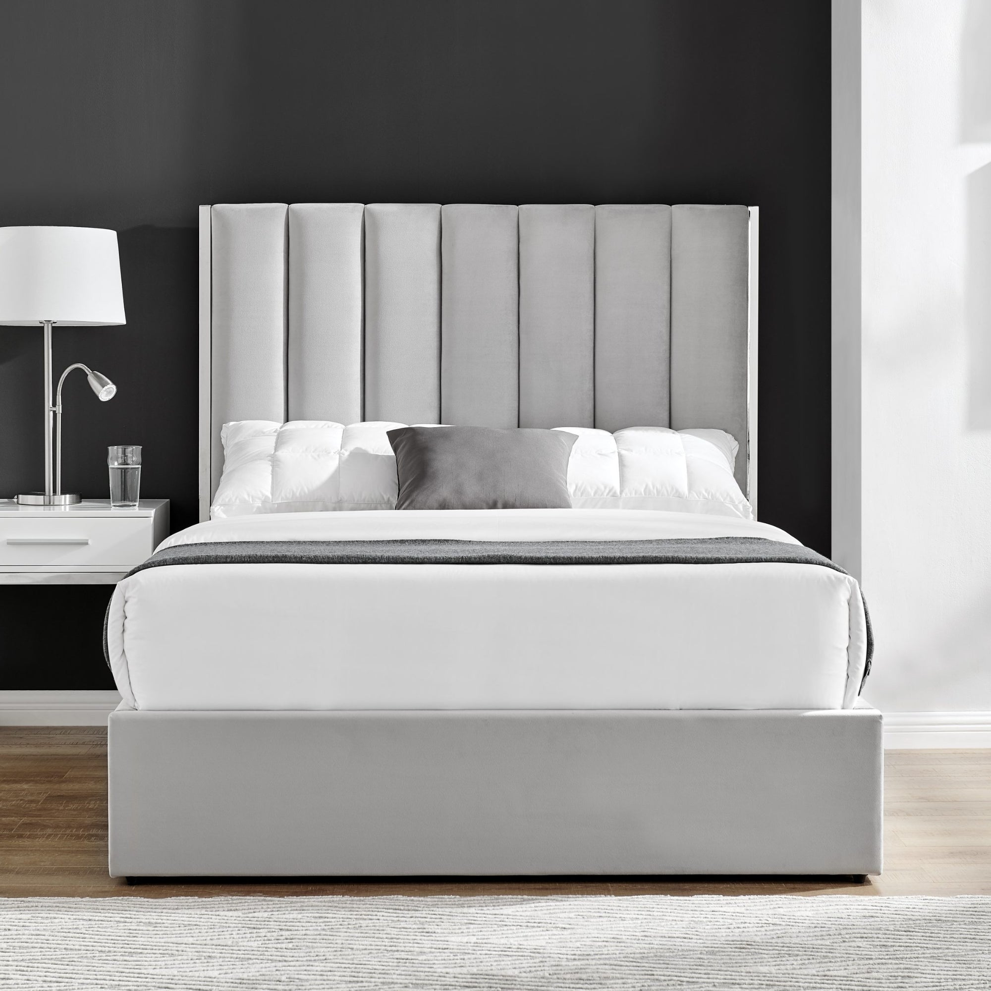 Chloe Light Grey Bed With Silver Trim And Ottoman Storage