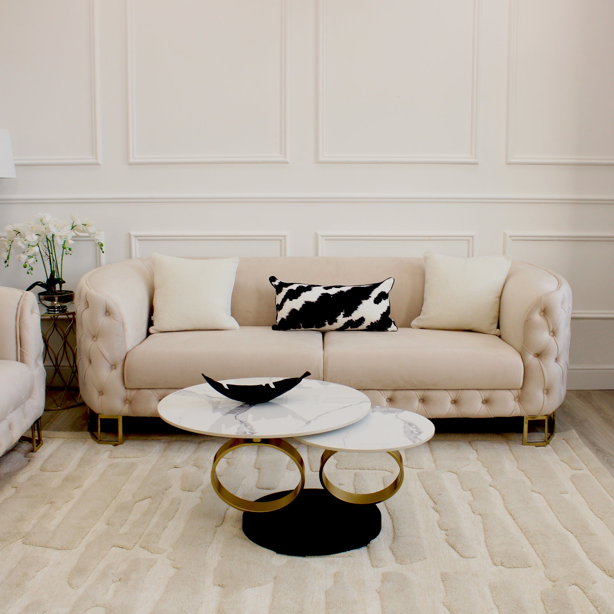 Louise Cream Velvet Sofa With Gold Legs 3 Seater