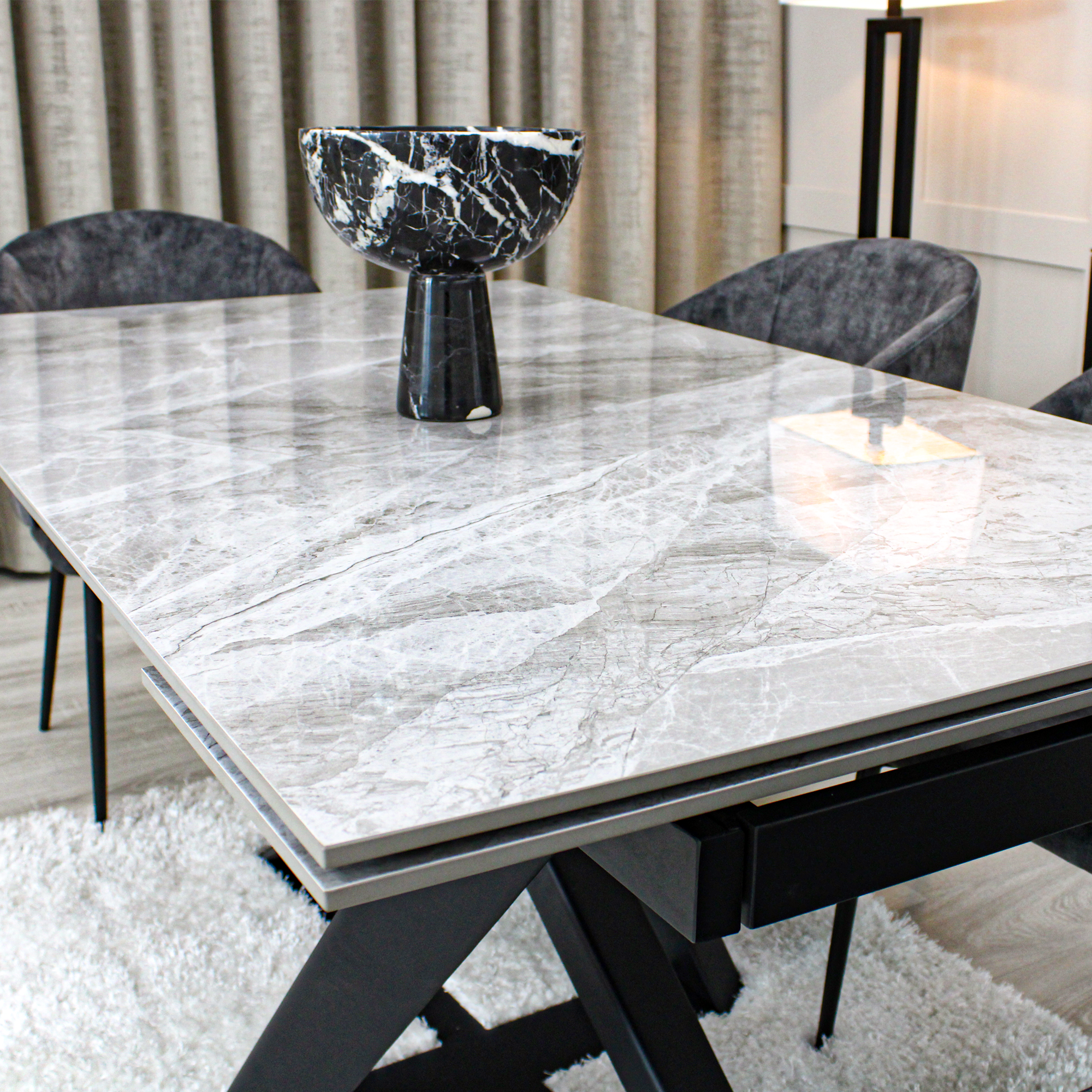 Light Grey Ceramic Marble Effect Extending Dining Table with Dark Grey Velvet Dining Chairs