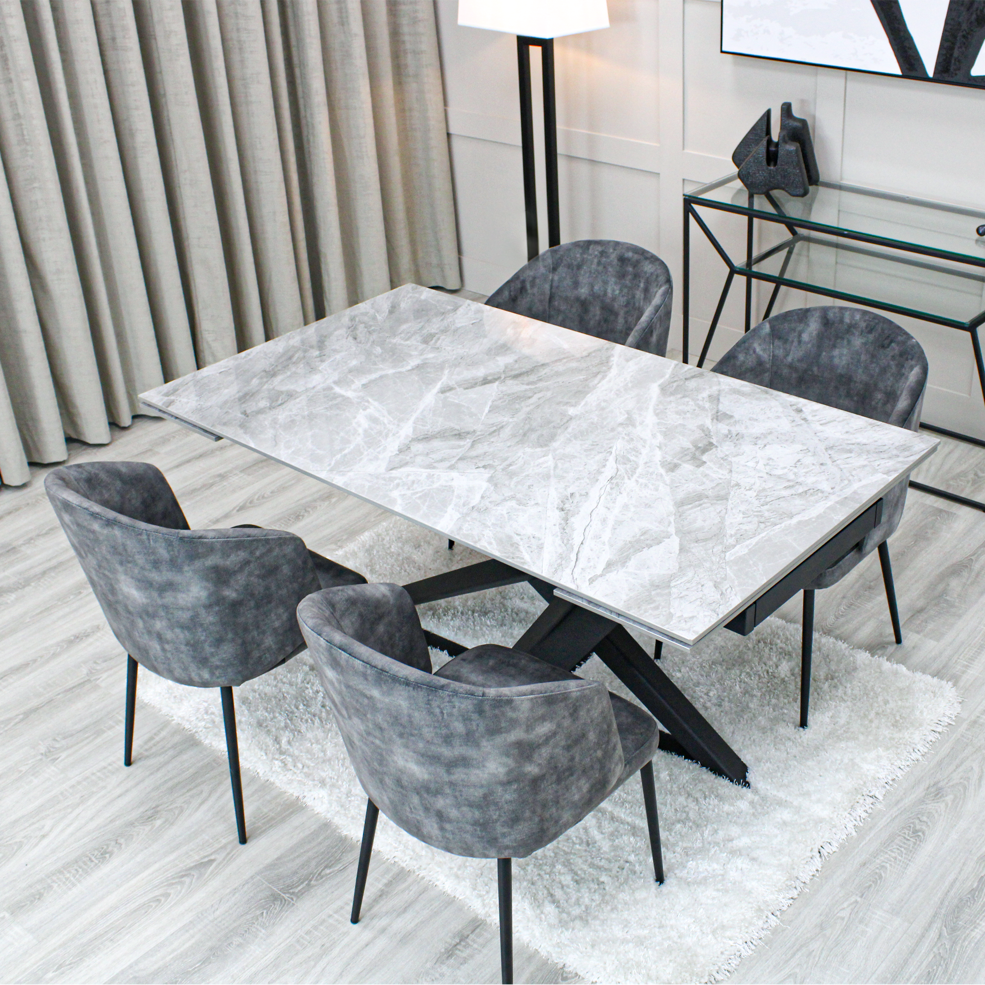 Light Grey Ceramic Marble Effect Extending Dining Table with Dark Grey Velvet Dining Chairs