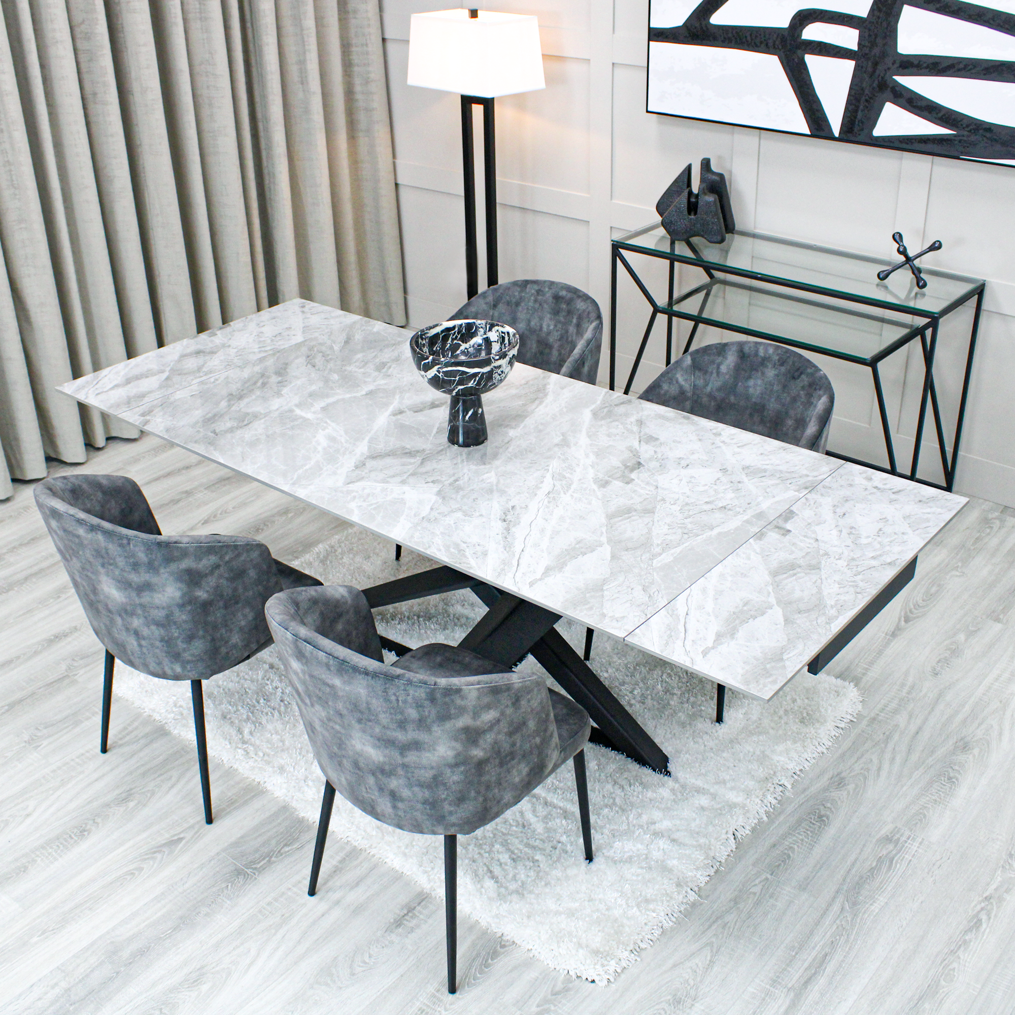 Light Grey Ceramic Marble Effect Extending Dining Table with Dark Grey Velvet Dining Chairs
