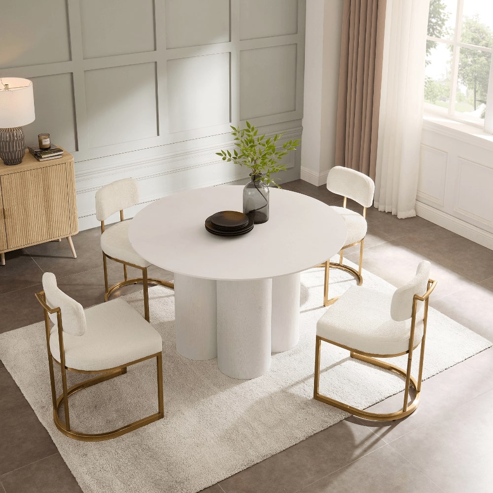 Marco White Round Wooden Dining Set With 4 Rhea Gold Chairs