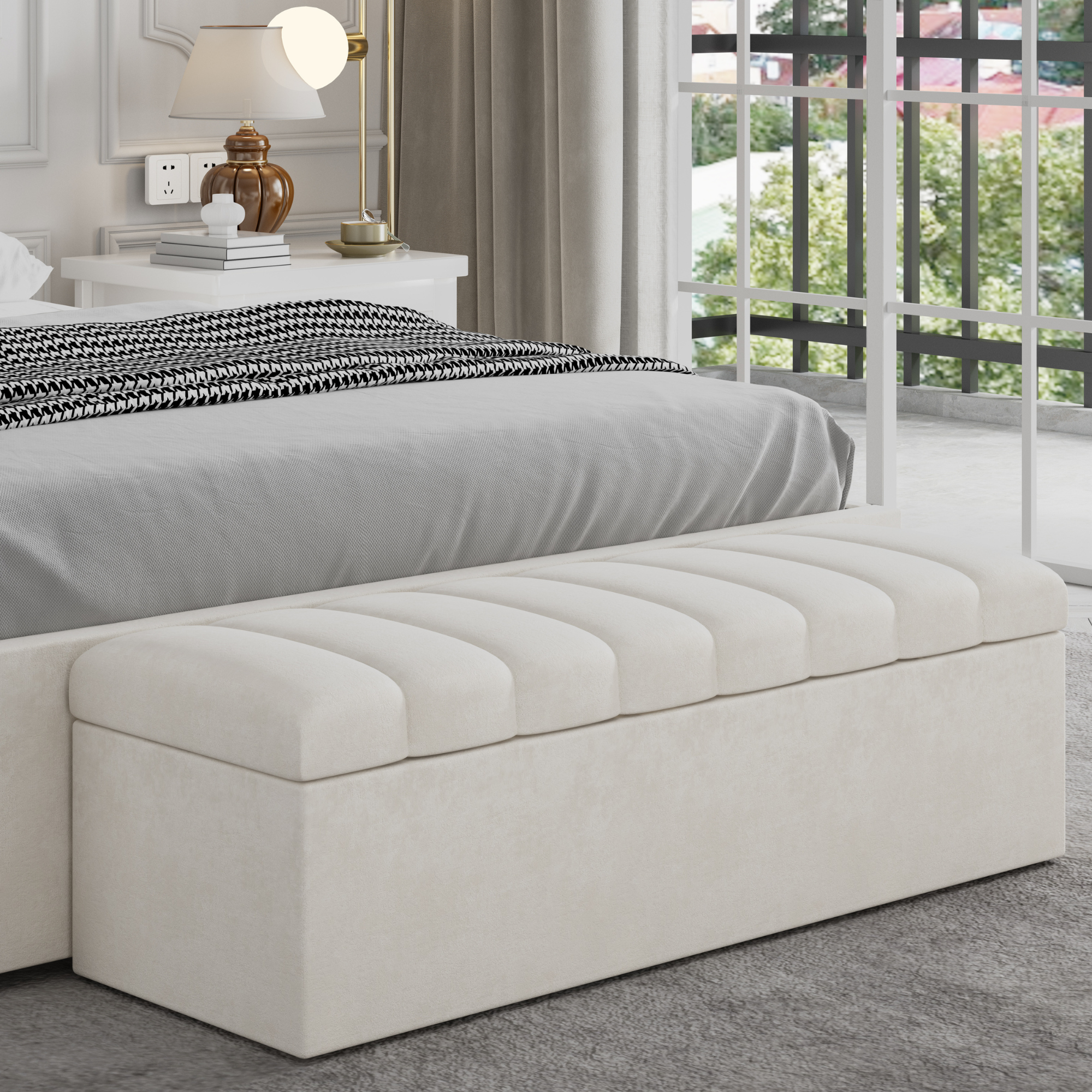 Leo Cream Velvet Ottoman Storage Bench