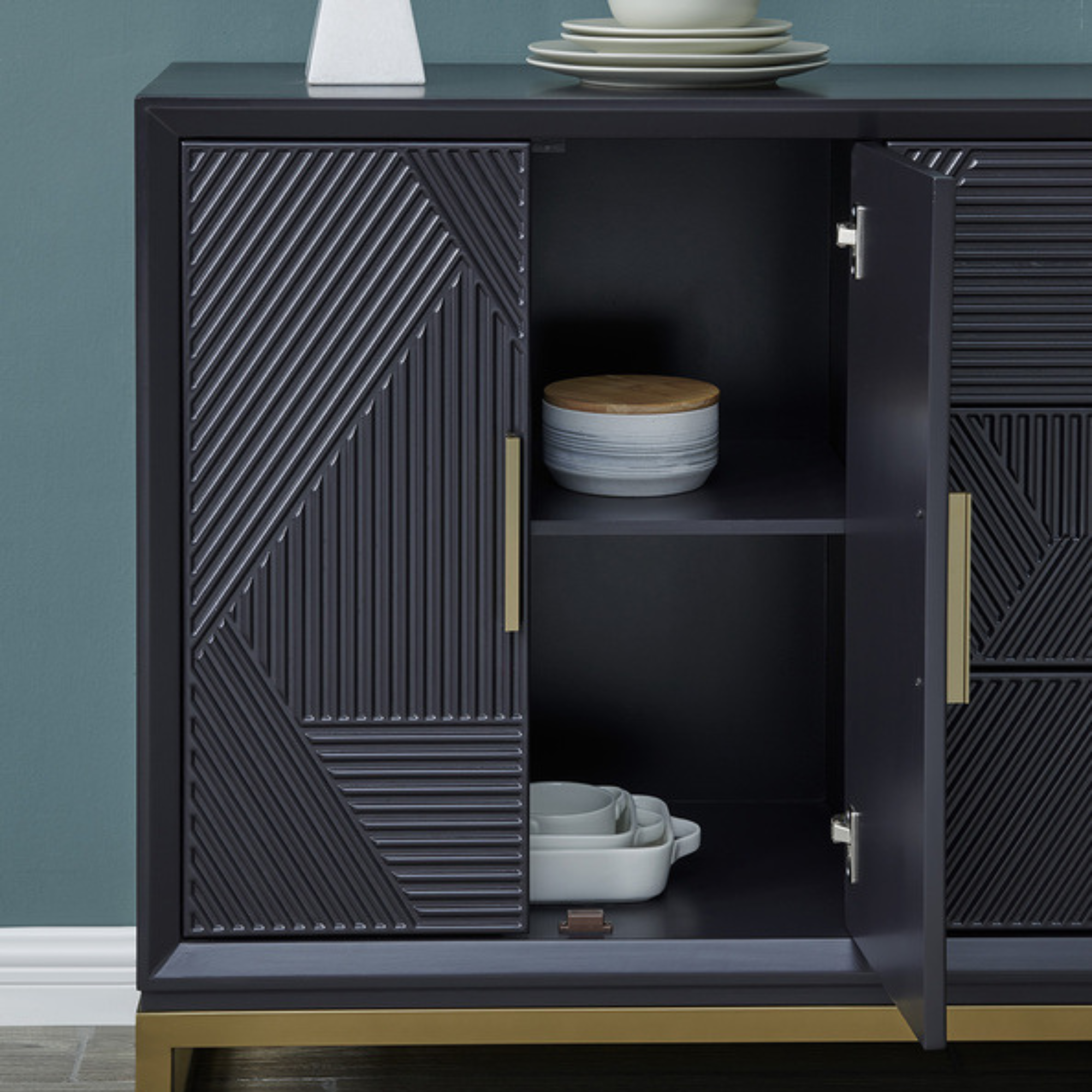 Genoa Black Matte Geometric Sideboard with Gold Metal Accents