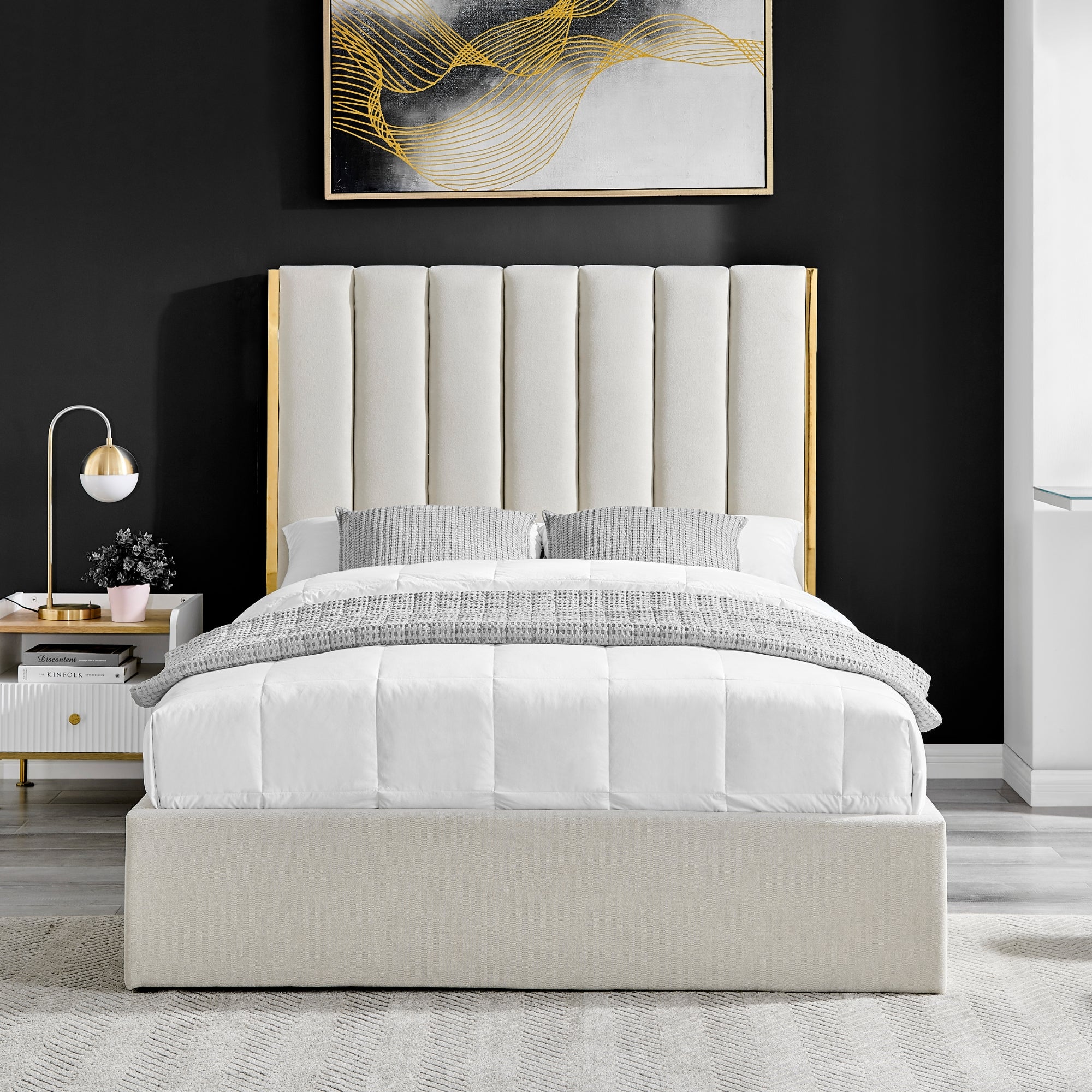 Chloe Beige Bed With Gold Metal Trim And Ottoman Storage