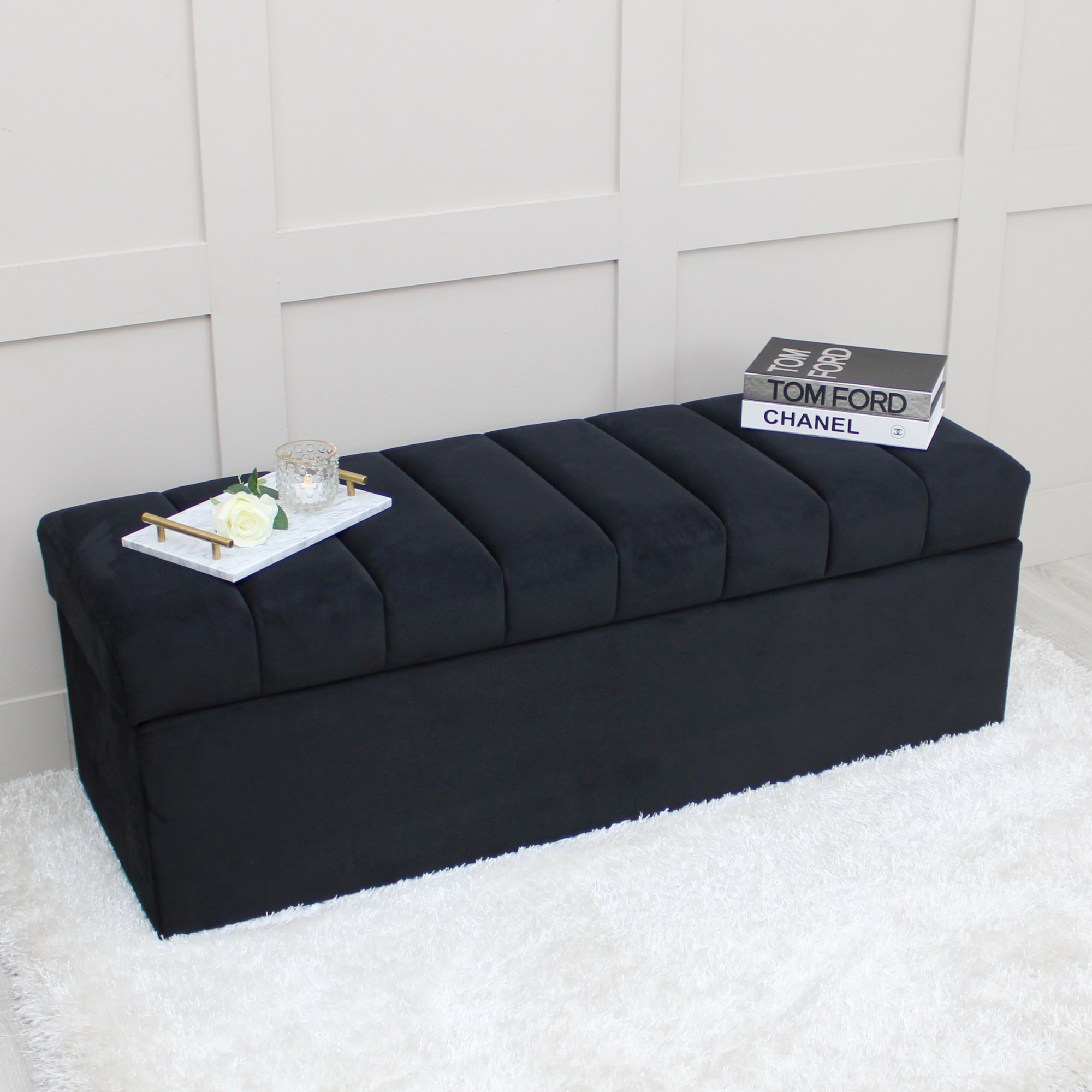 Leo Black Velvet Ottoman Storage Bench