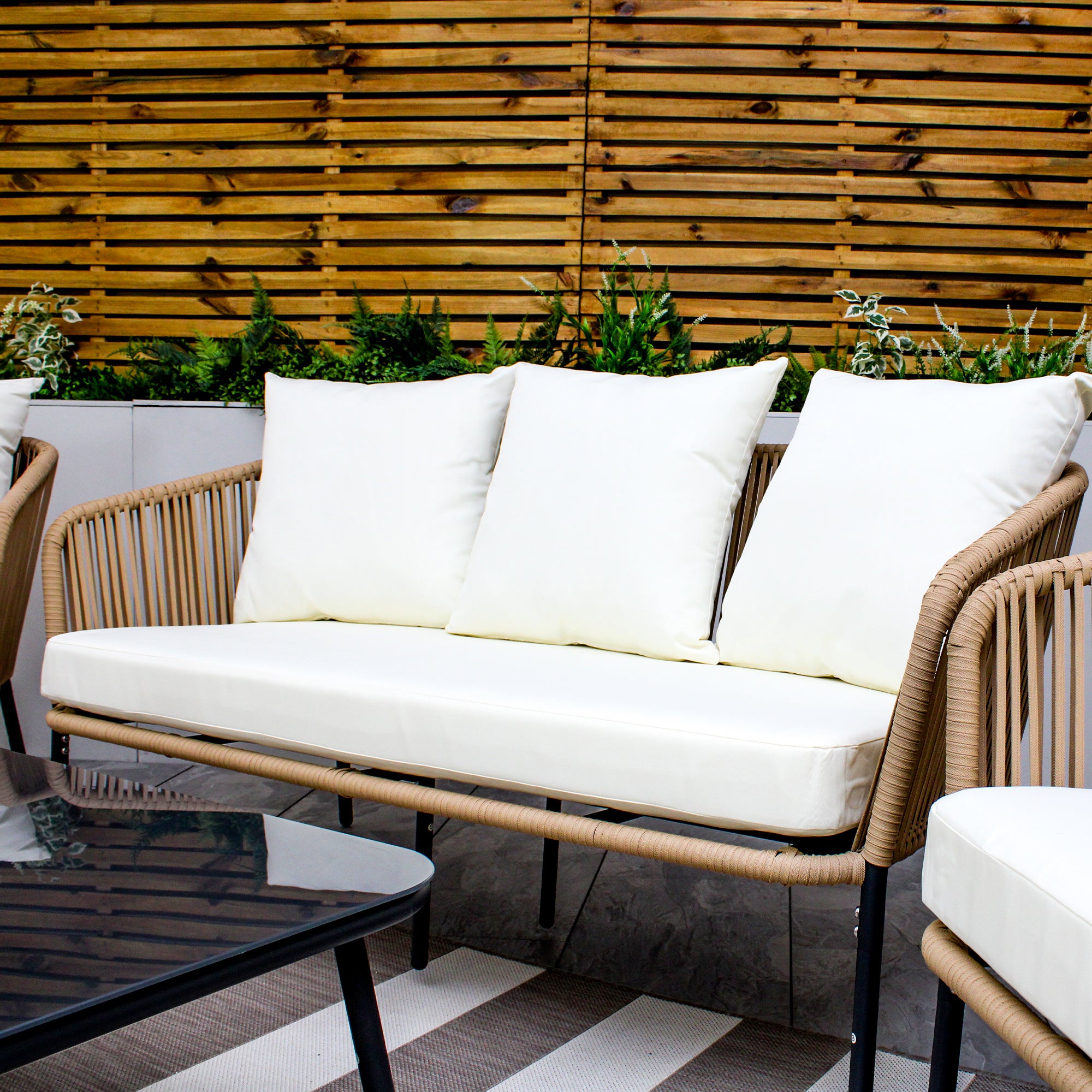 Turin Beige 5 Seater Weave Rope Aluminium Sofa Set with Cream Cushions