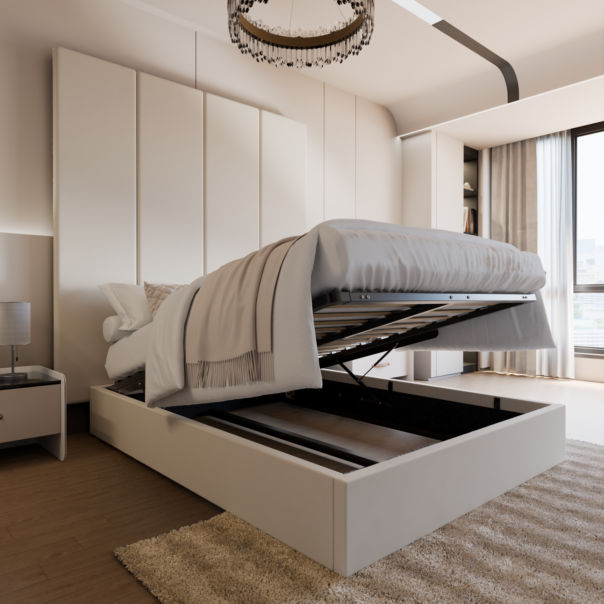 Cream Velvet Wall Panel Bed with Ottoman Storage King Size