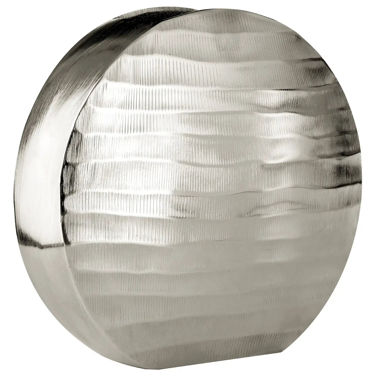 Round Metallic Silver Vase with Textured Exterior