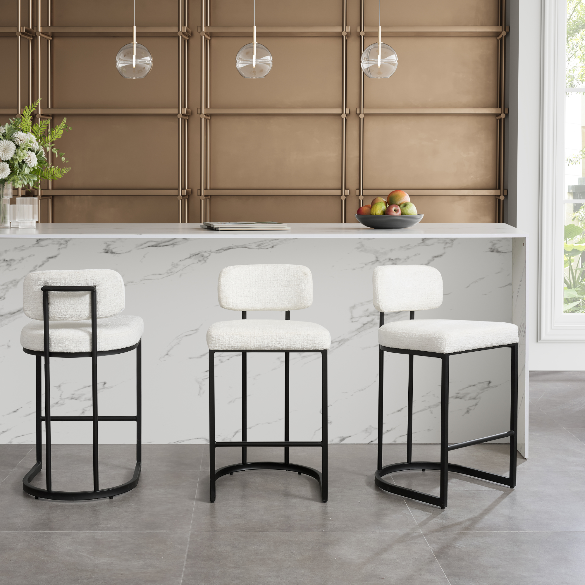 Rhea White Fabric Bar Stool With Black Frame