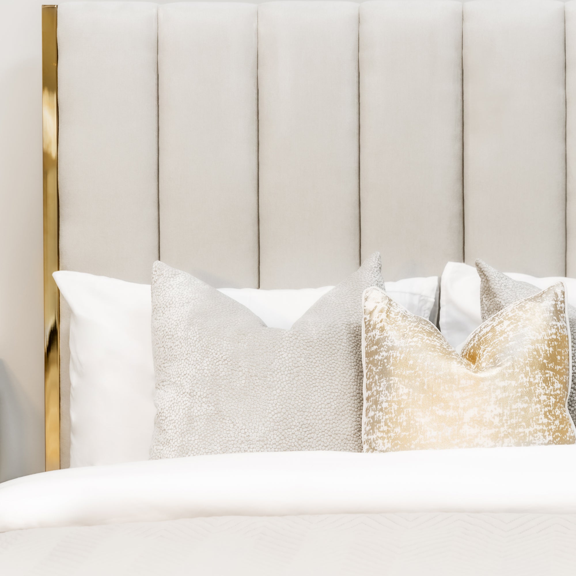 Chloe Beige Bed With Gold Metal Trim And Ottoman Storage