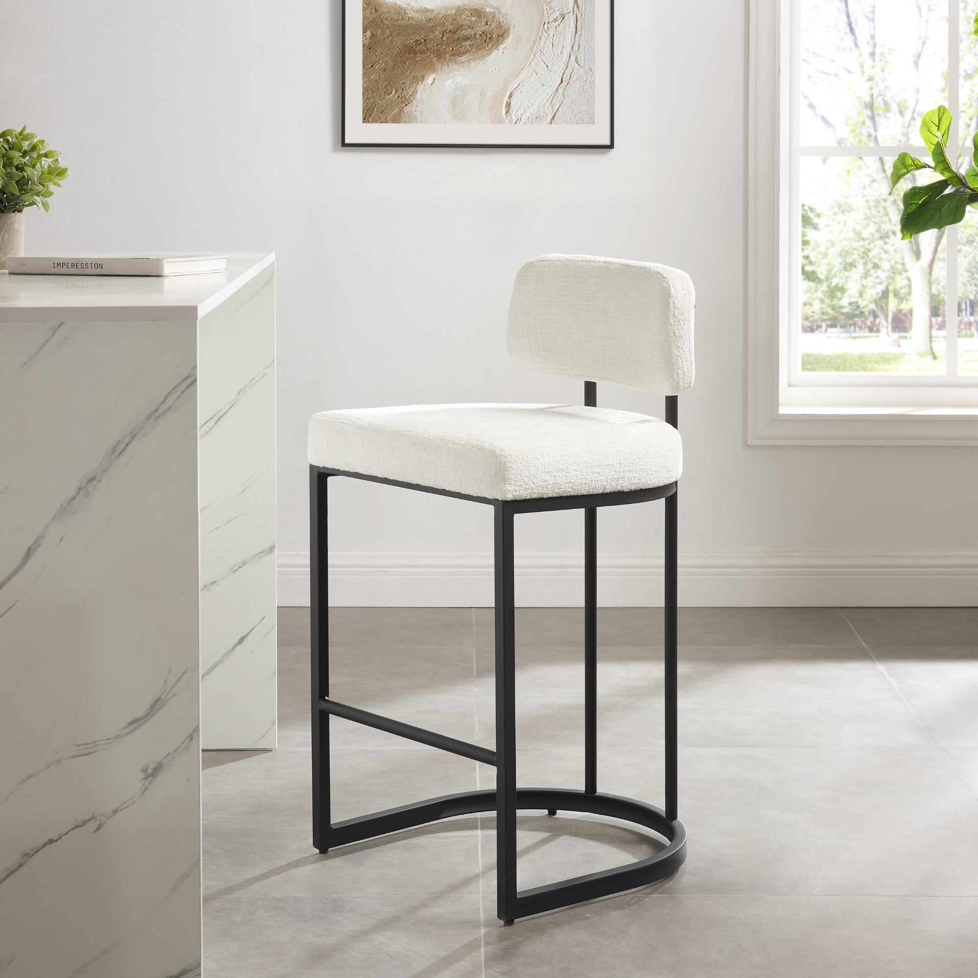 Rhea White Fabric Bar Stool With Black Frame