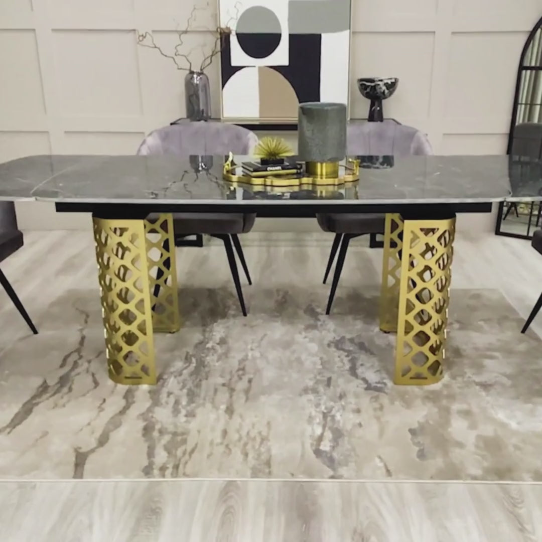 Black Ceramic Marble Effect Extending Dining Table Gold Base