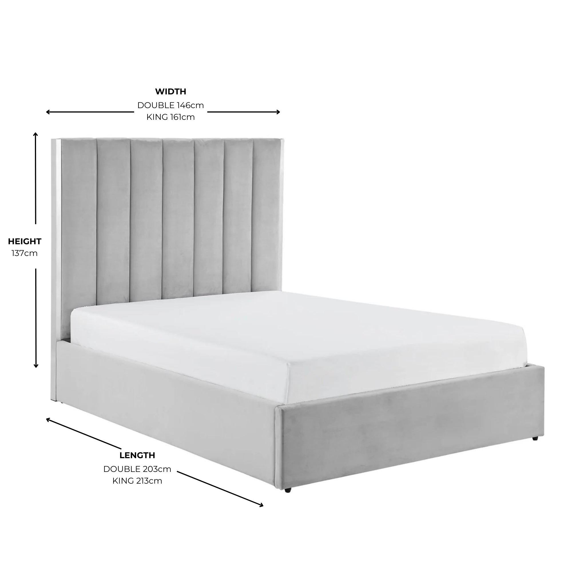 Chloe Light Grey Bed With Silver Trim And Ottoman Storage