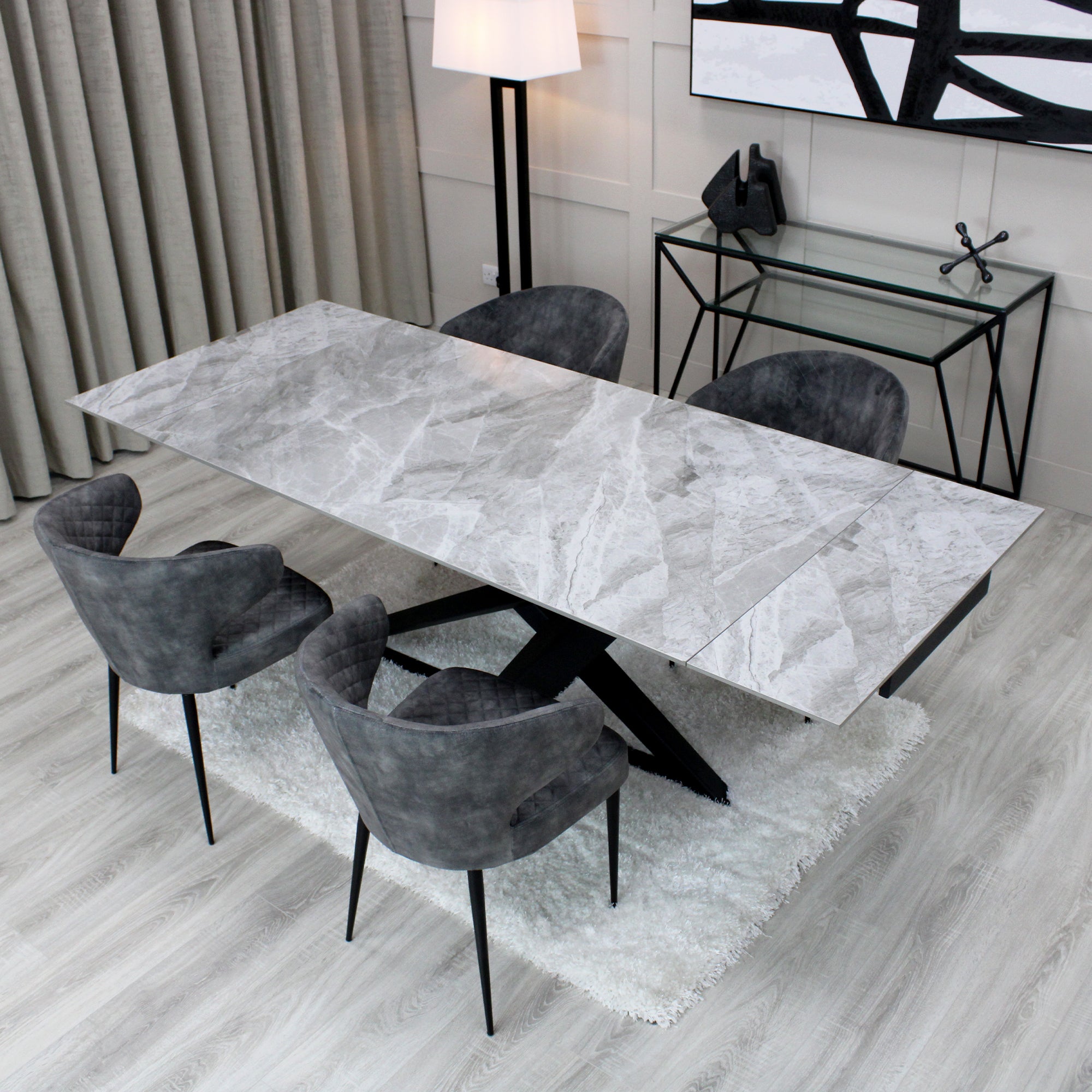 Grey Ceramic Marble Effect Extending Dining Table With Black Base