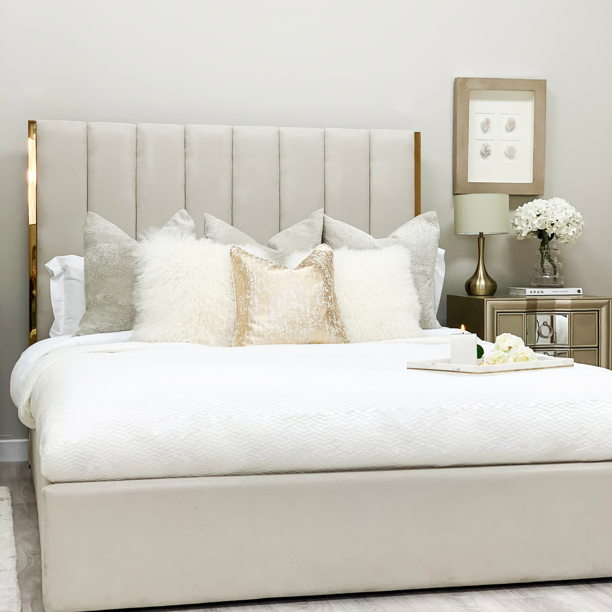 Chloe Beige Bed With Gold Metal Trim And Ottoman Storage