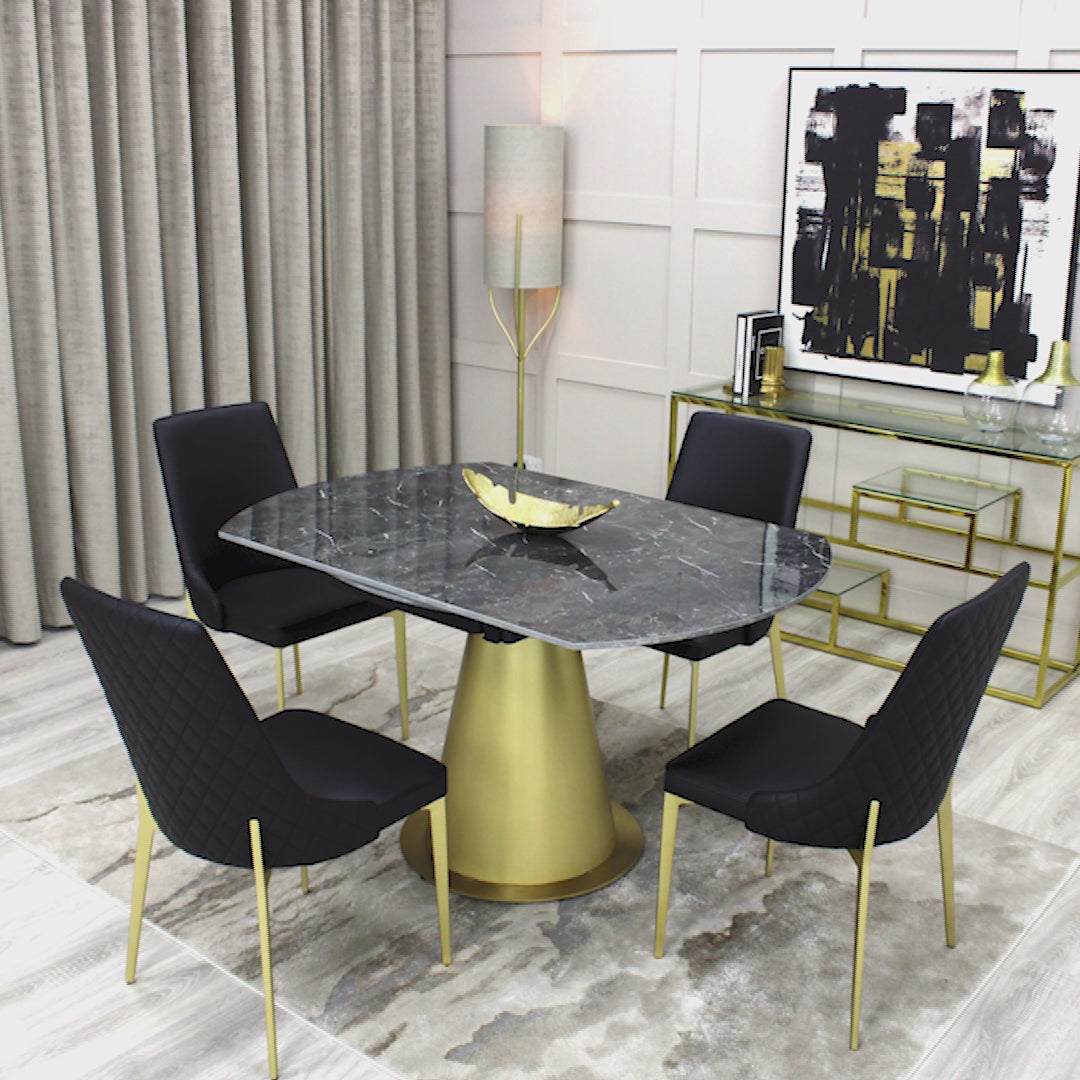Black Ceramic Marble Effect Round Extending Dining Table With Gold Base
