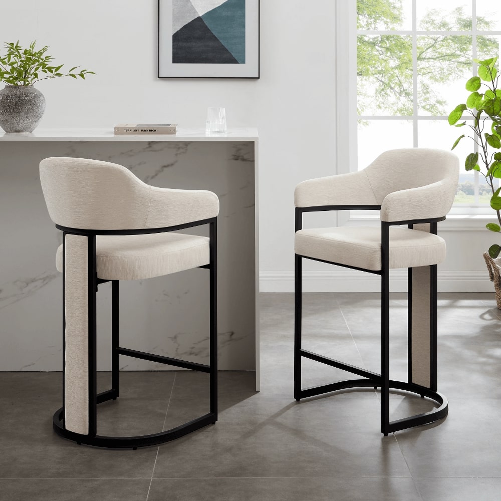 Camilla Curved Cream Chenille Barstool With Black Metal Frame