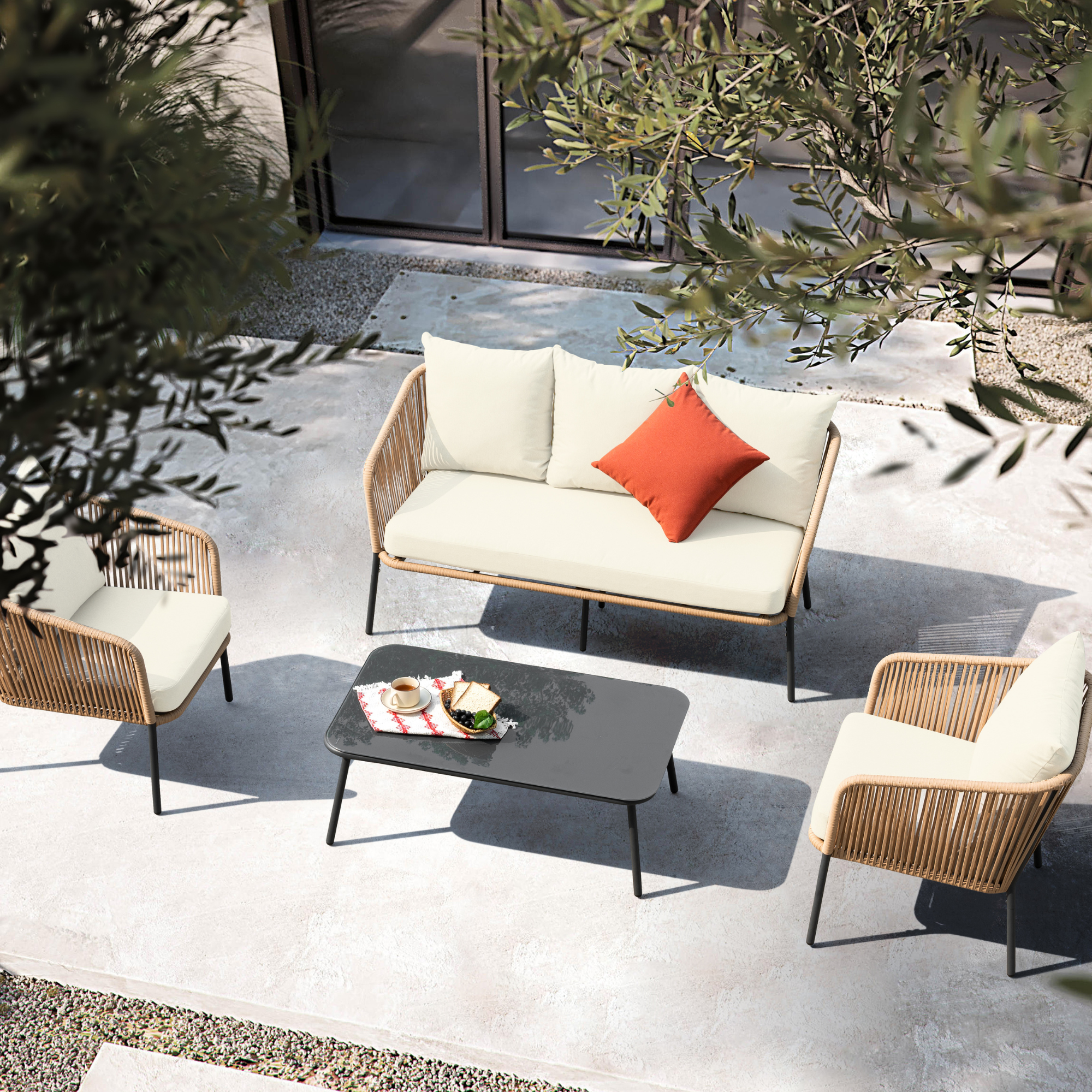 Turin Beige 5 Seater Weave Rope Aluminium Sofa Set with Cream Cushions