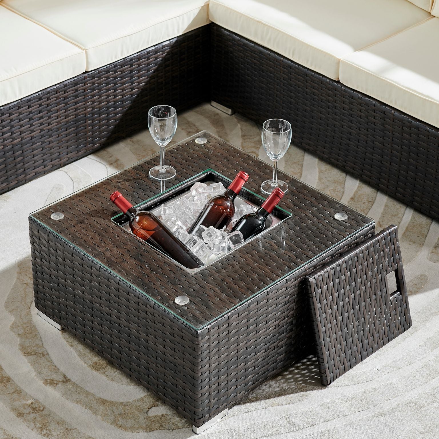 Sydney Dark Brown Corner Rattan Sofa Set with Ice Bucket