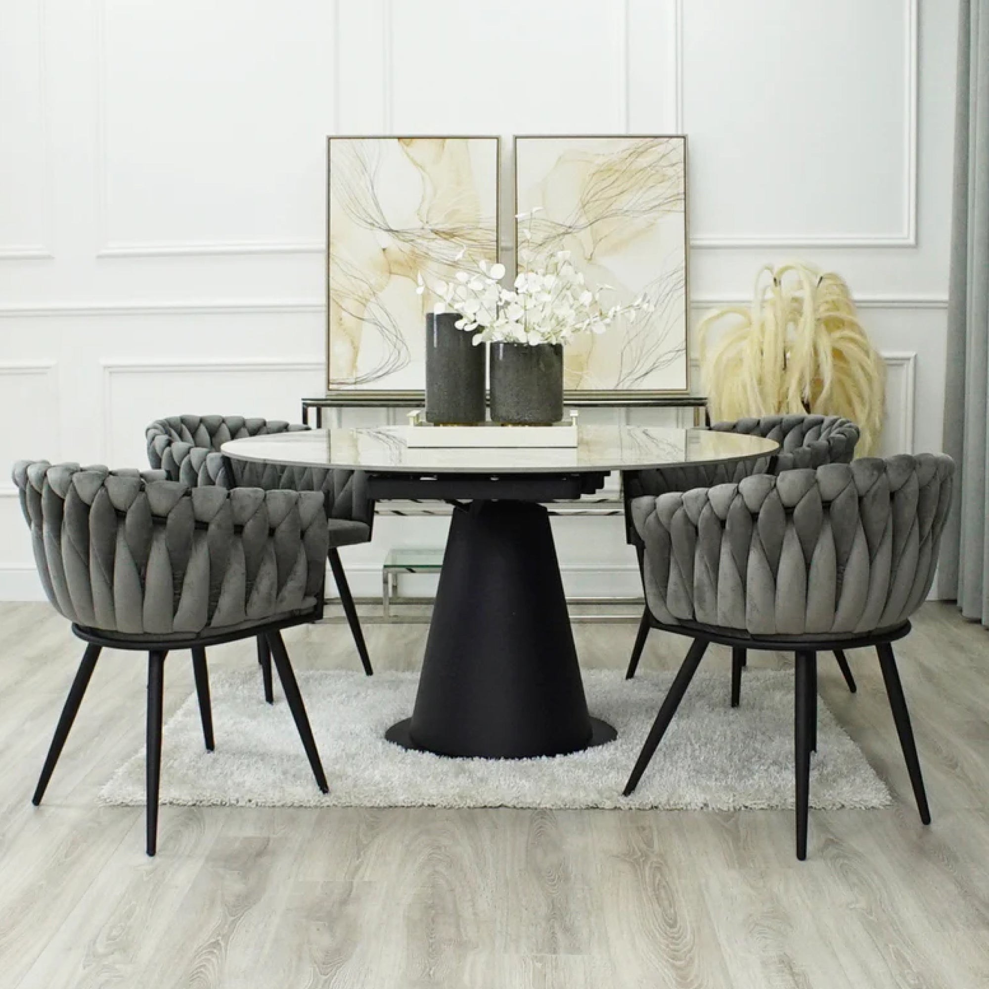 Iris Grey Velvet Braided Weave Dining Chair With Black Frame