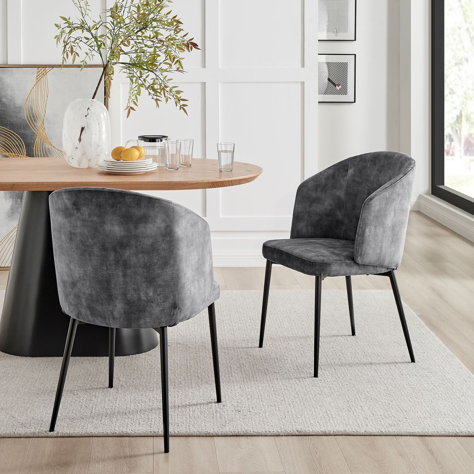 Castelle Grey Curved Velvet Dining Chair With Black Legs