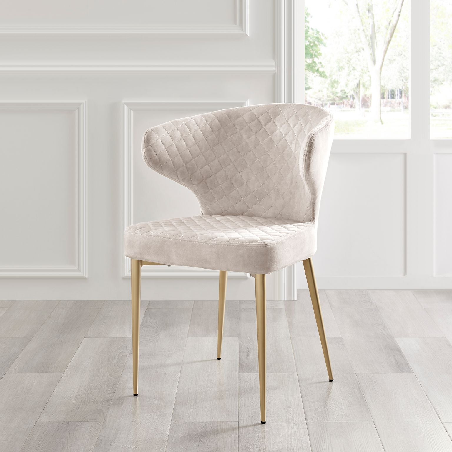 Levi Cream Velvet Dining Chair With Quilting Design Gold Legs