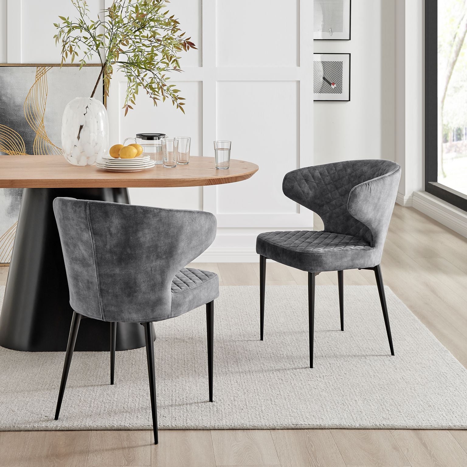 Levi Grey Velvet Dining Chair With Quilting Black Legs