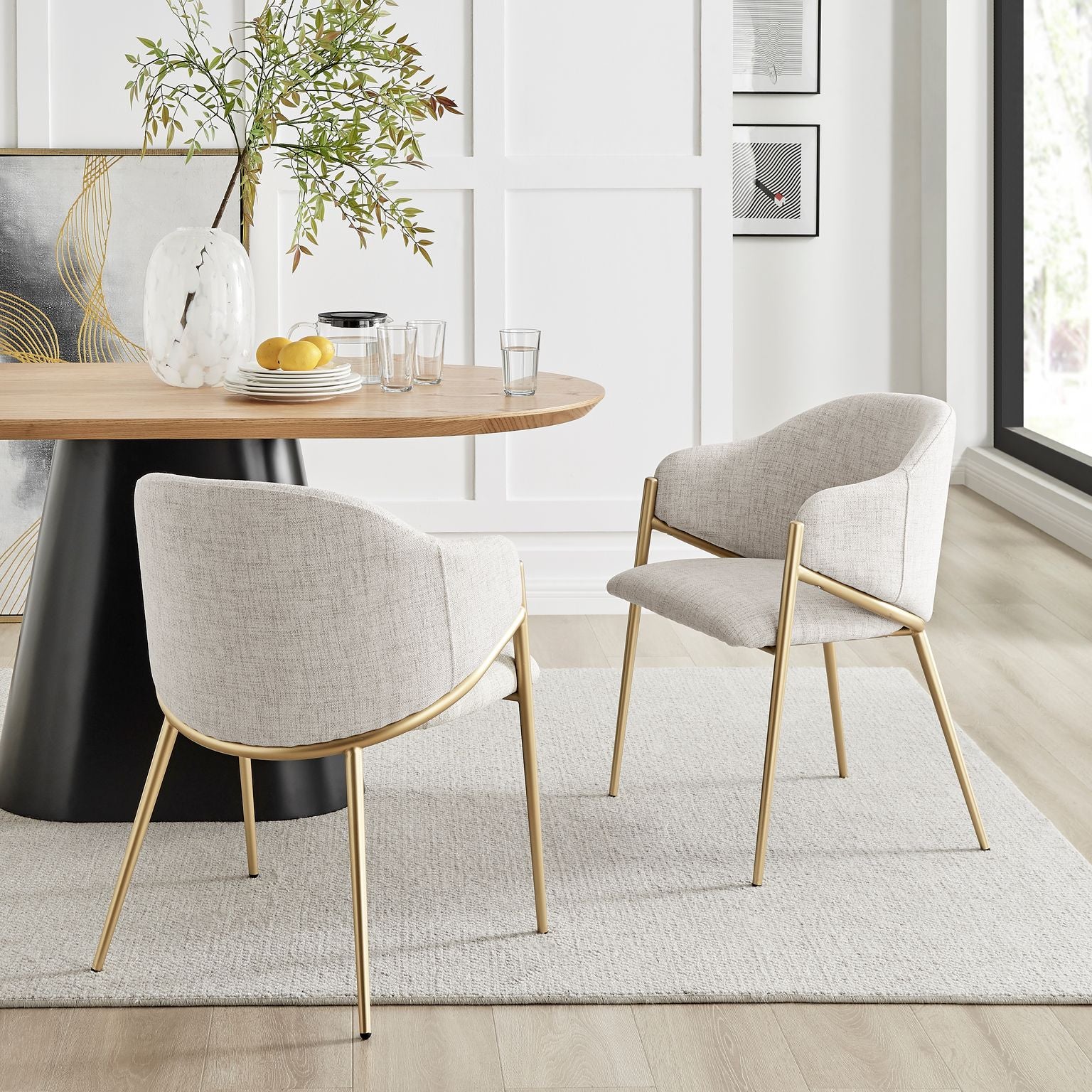 Alice Neutral Light Beige Linen Dining Chair With Gold Frame