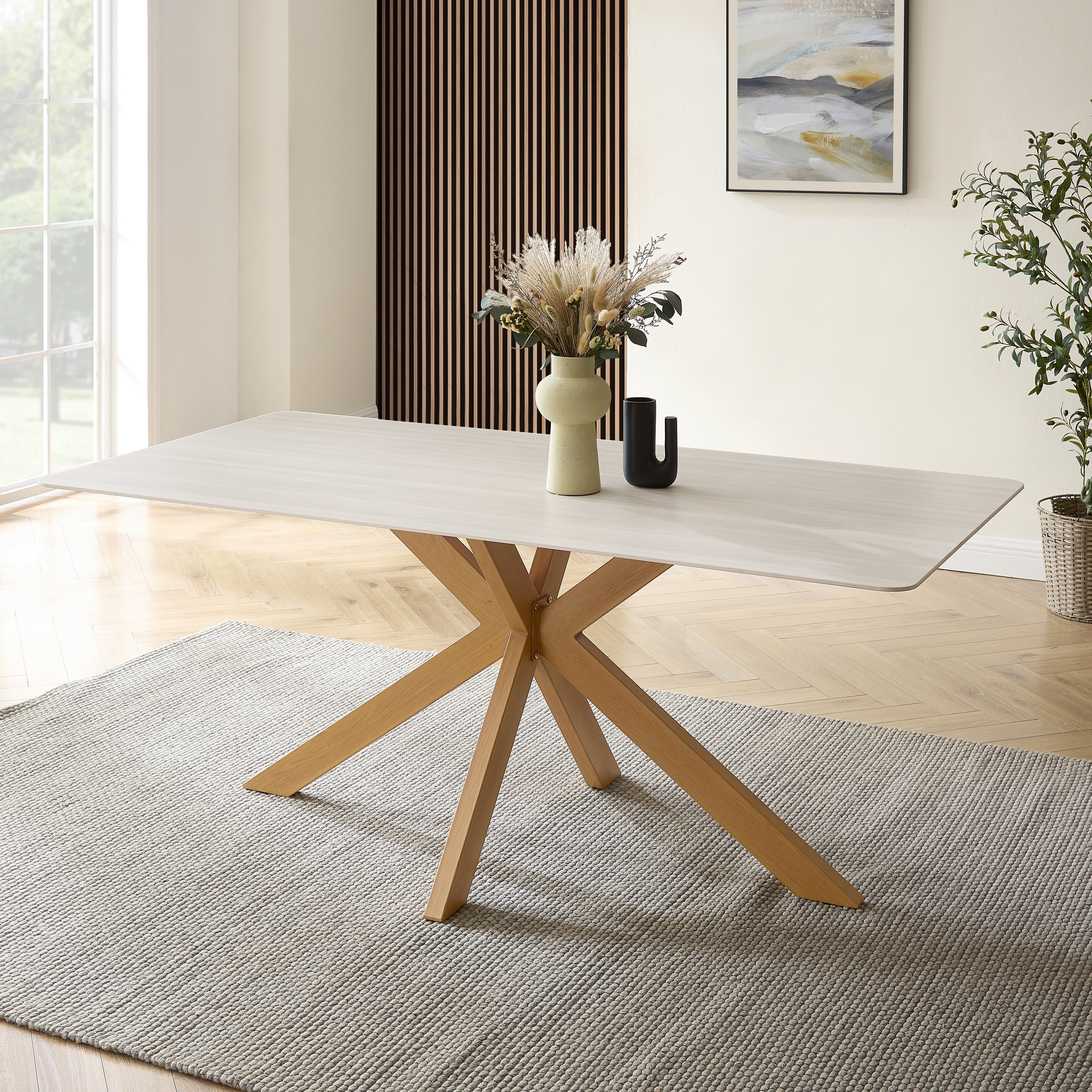 Athens White Ceramic Dining Table with Natural Wood Effect Base