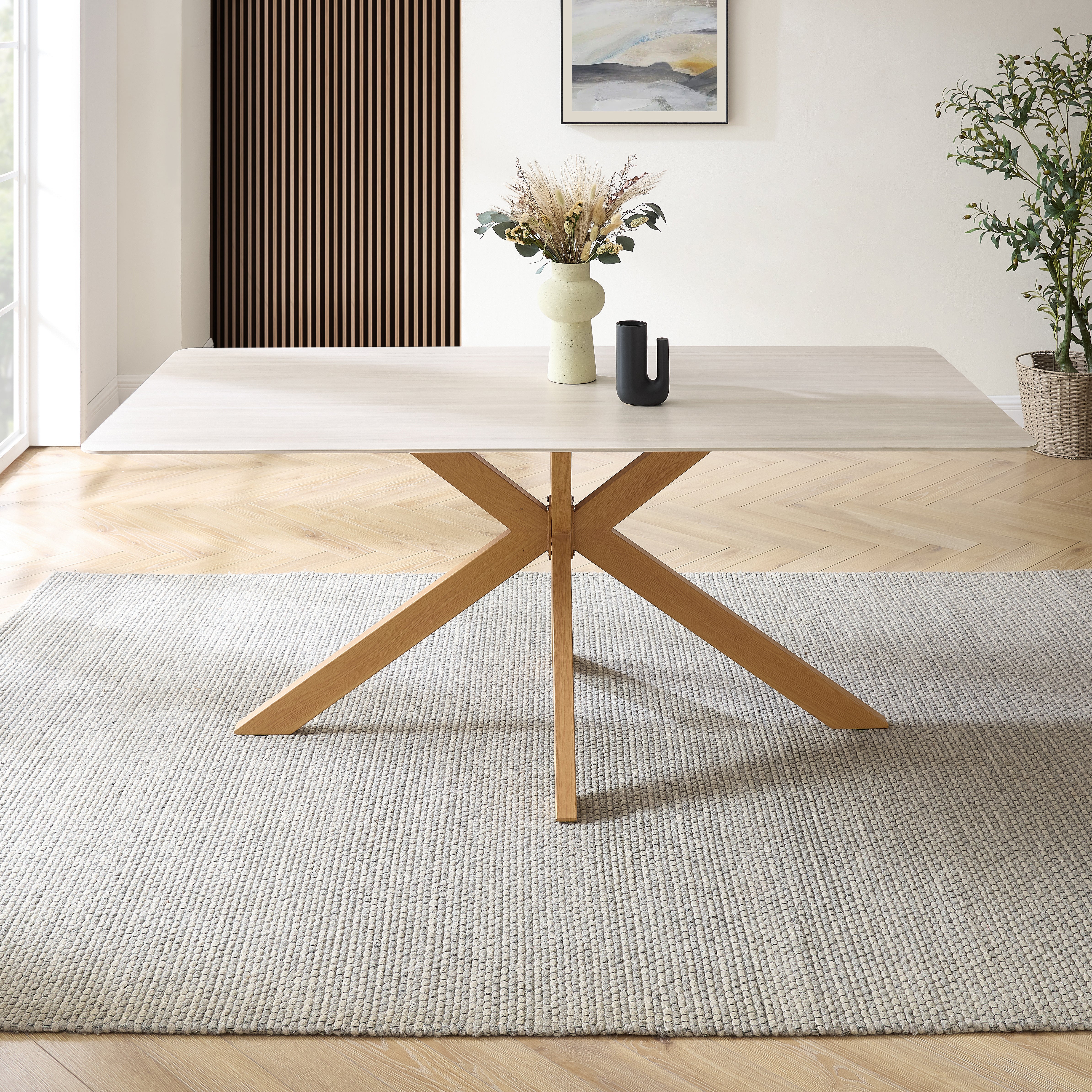 Athens White Ceramic Dining Table with Natural Wood Effect Base