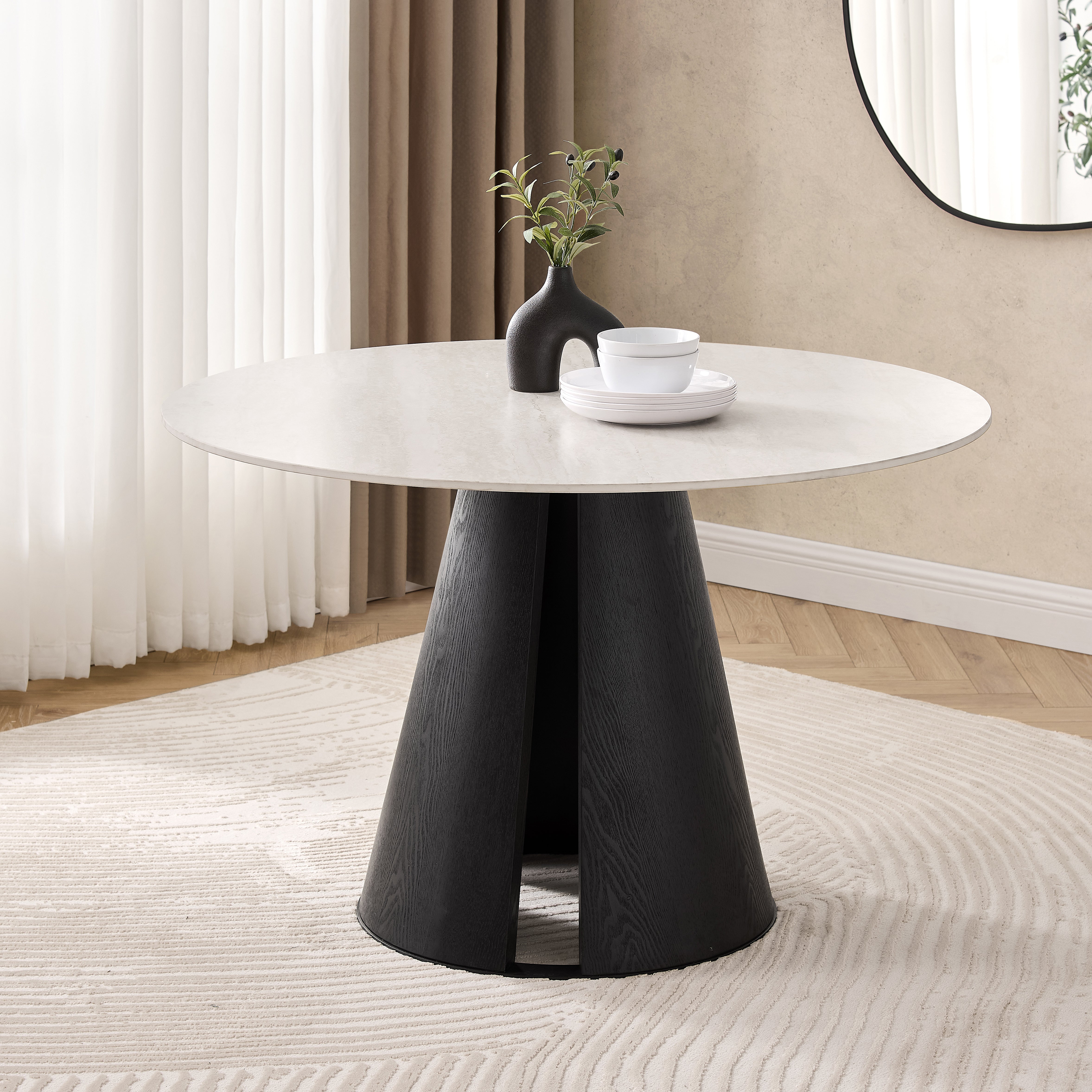 Maya Round Light Cream Ceramic Dining Table with Black Base