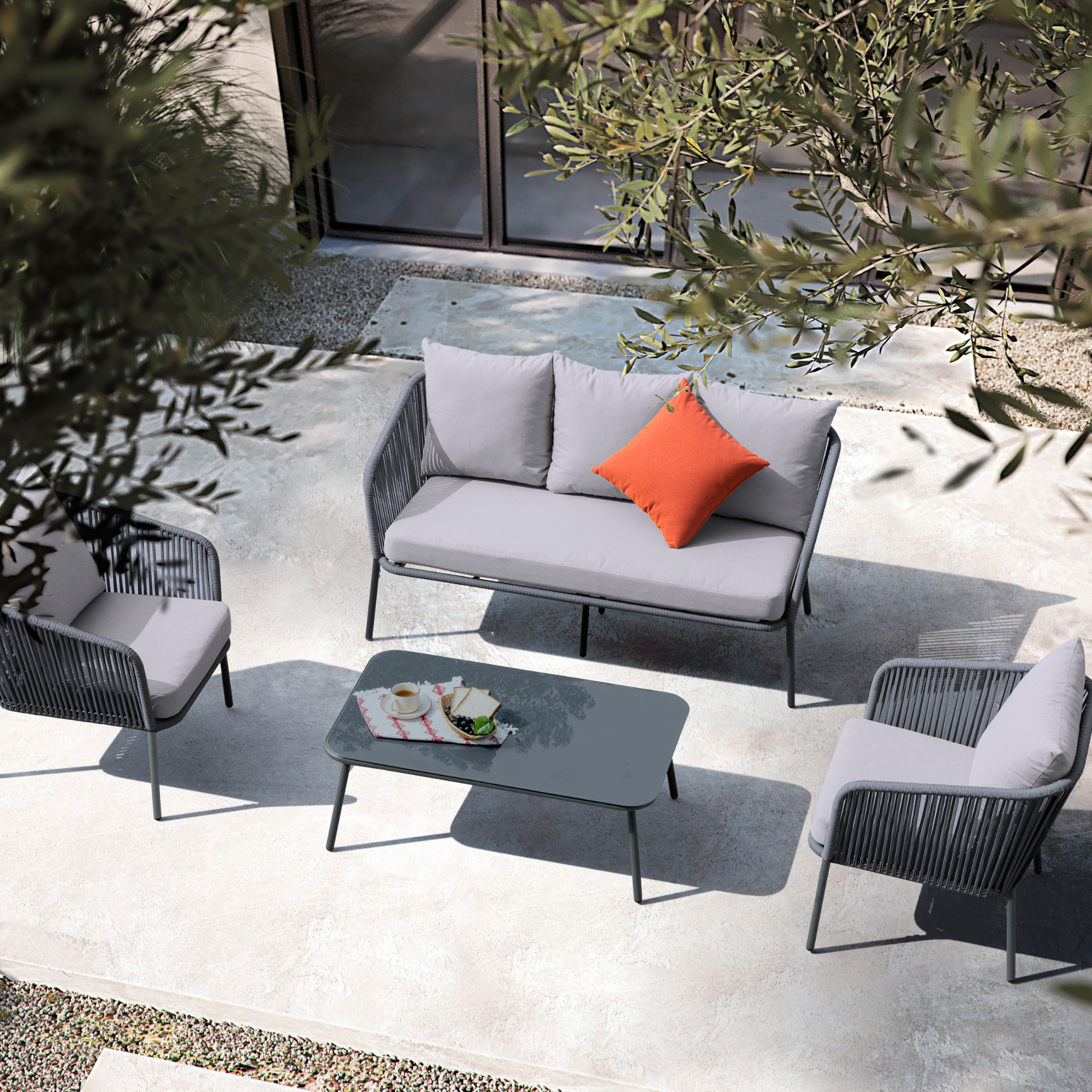 Turin Grey 5 Seater Weave Rope Aluminium Frame Sofa and Coffee Table Set