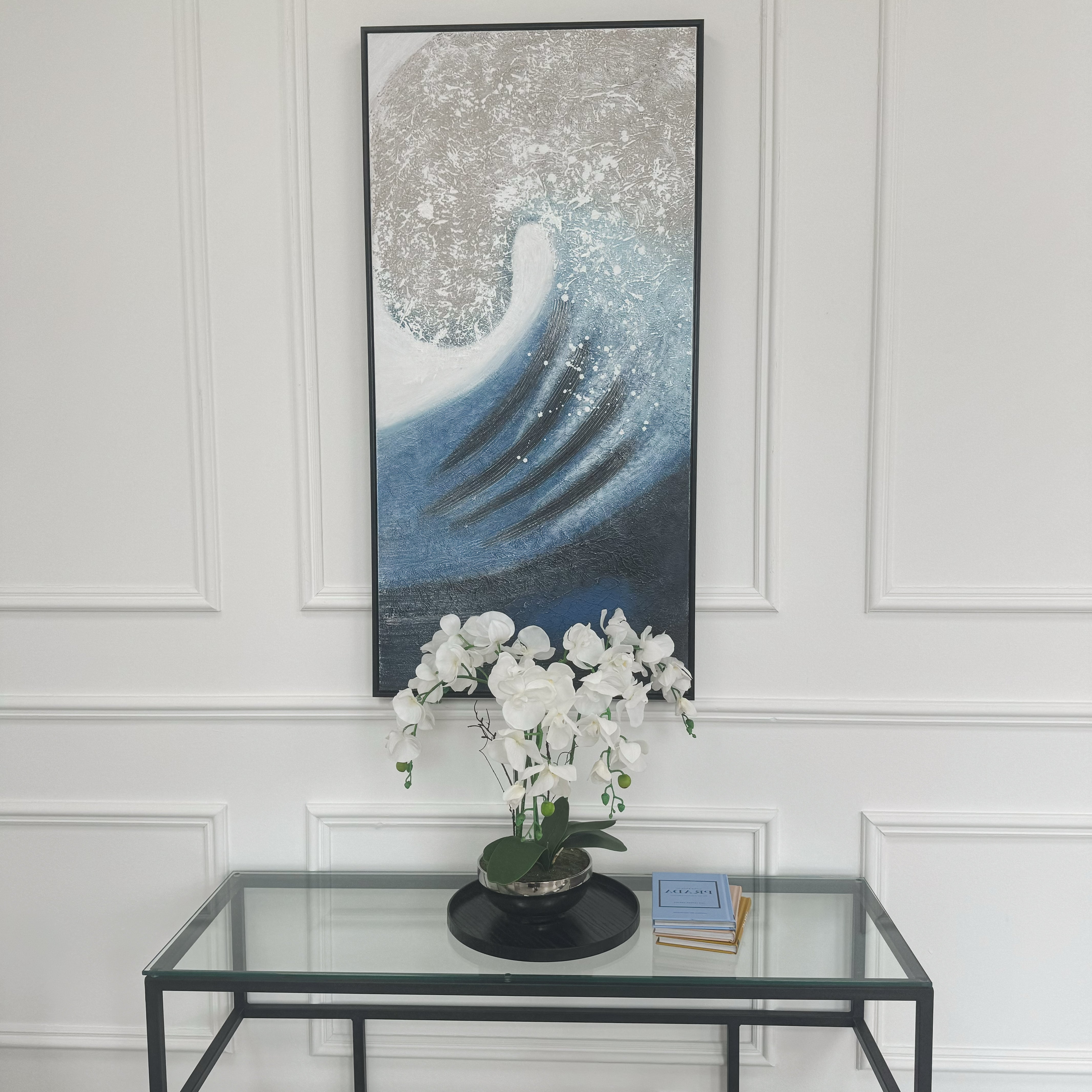 Blue and Cream Wave Black Framed Canvas