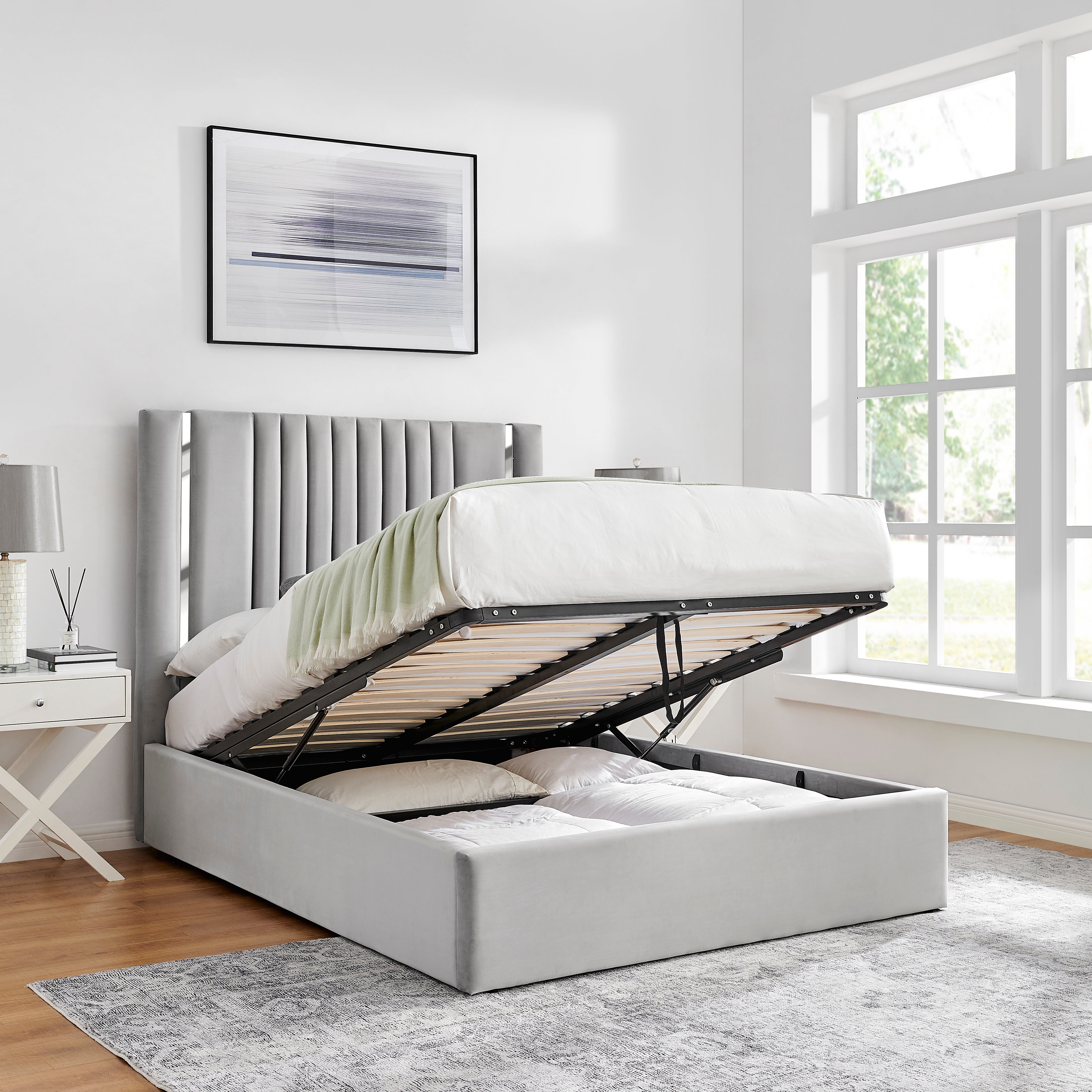 Gabriella Light Grey Ottoman Storage Bed with Chrome Detail