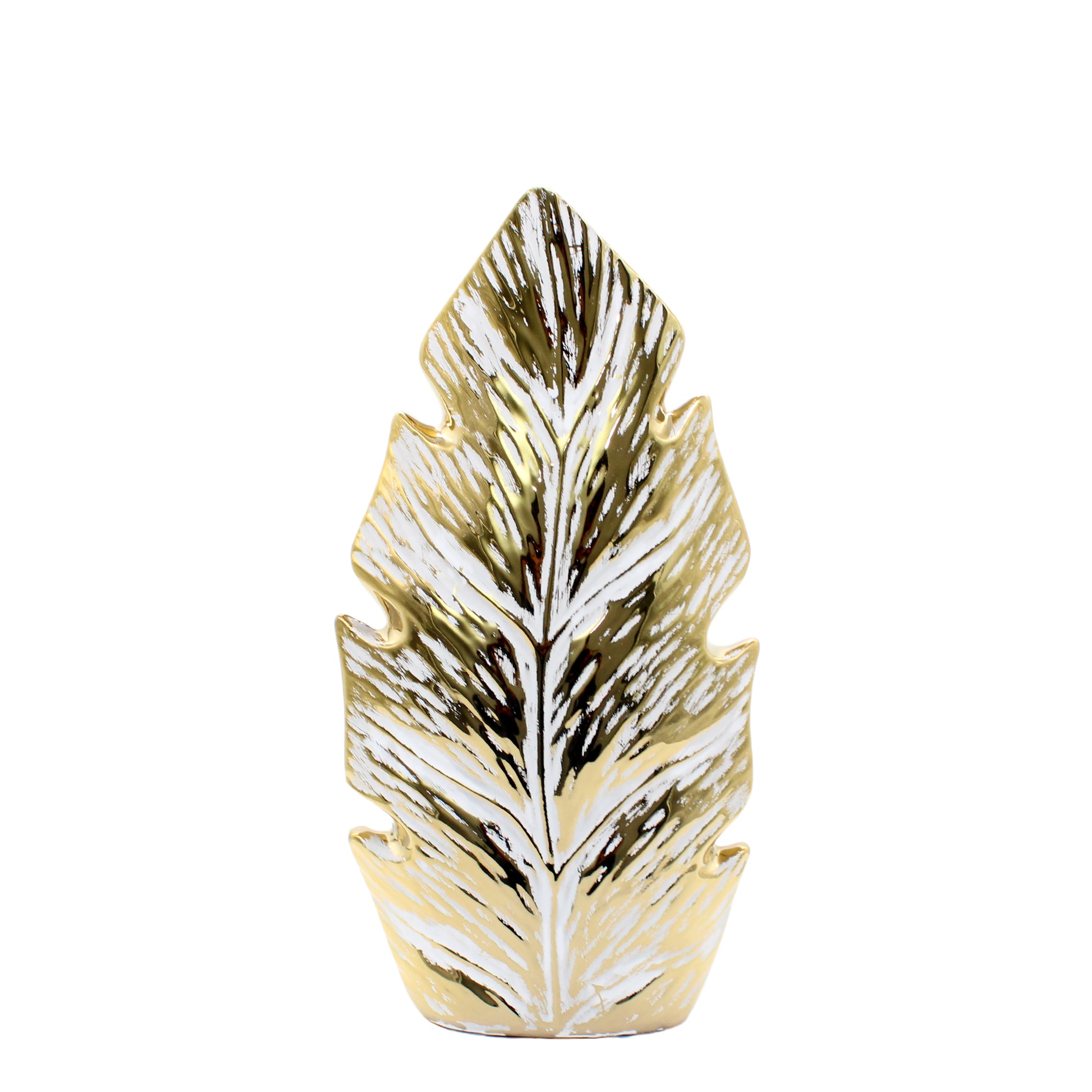 Large Ceramic Leaf Design With Gold and White Glaze