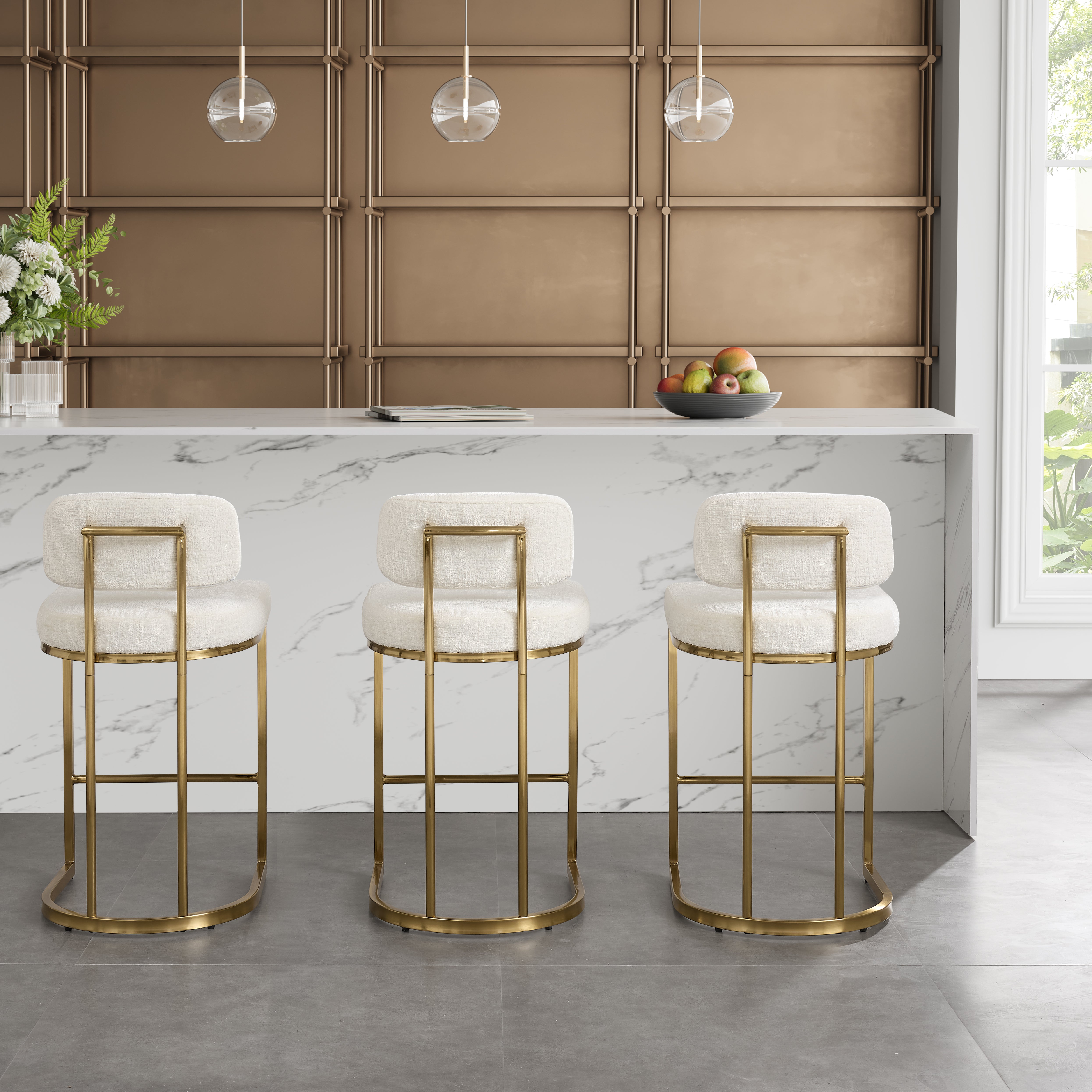 Rhea White Fabric Bar Stool With Brushed Gold Frame