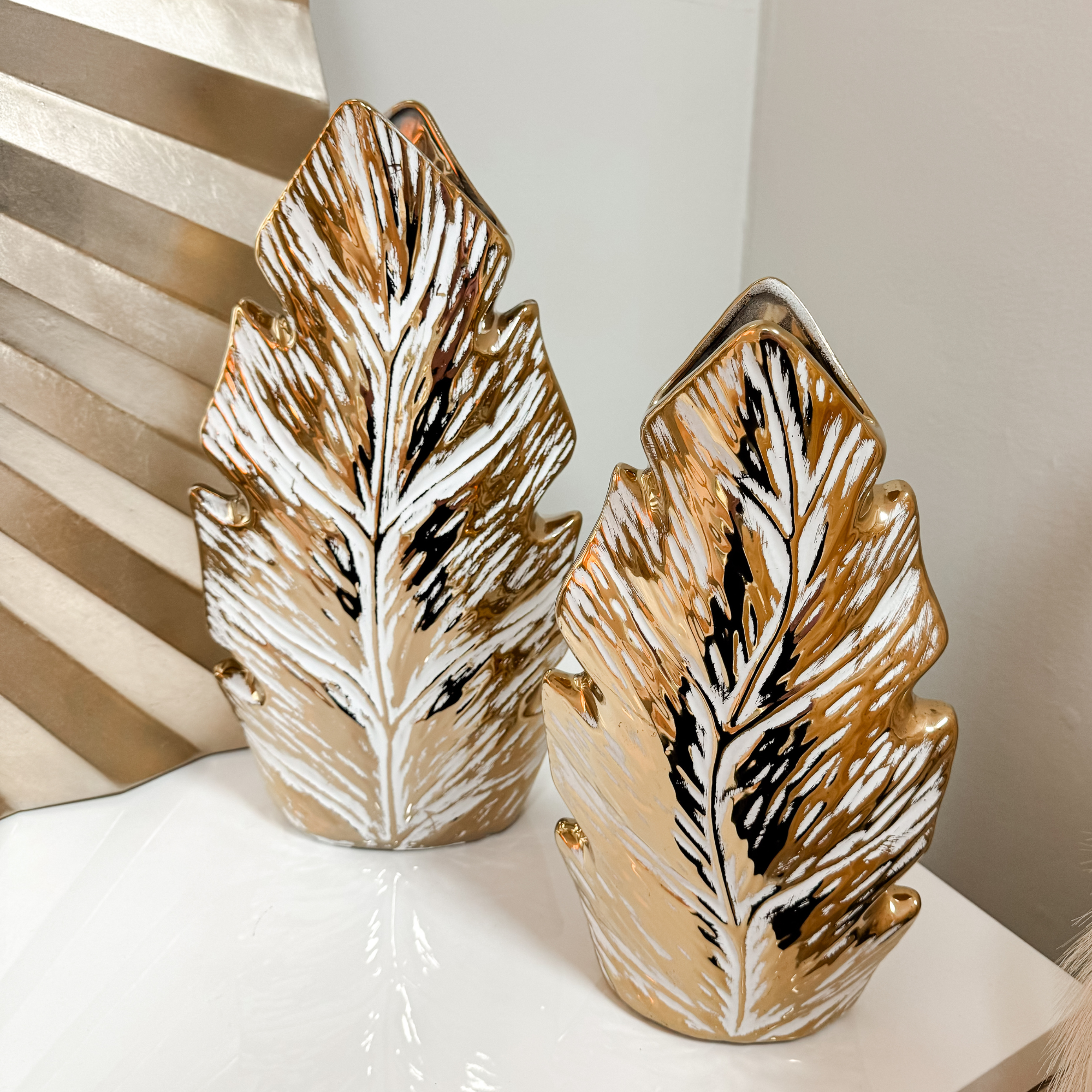 Large Ceramic Leaf Design With Gold and White Glaze