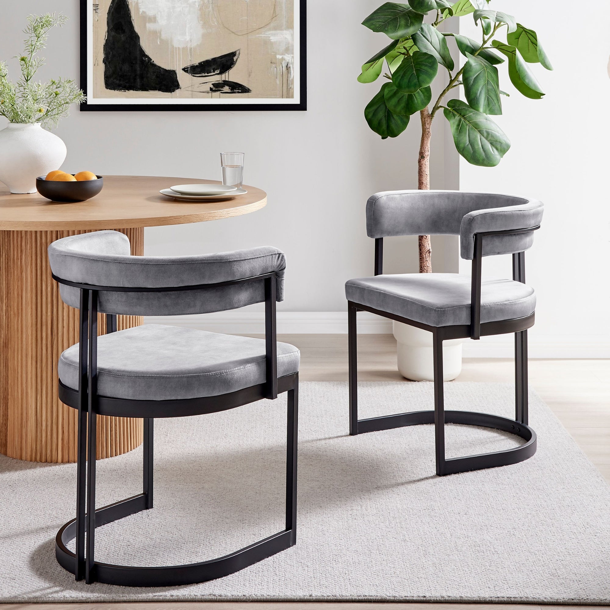 Mia Curved Grey Velvet and Black Frame Dining Chair