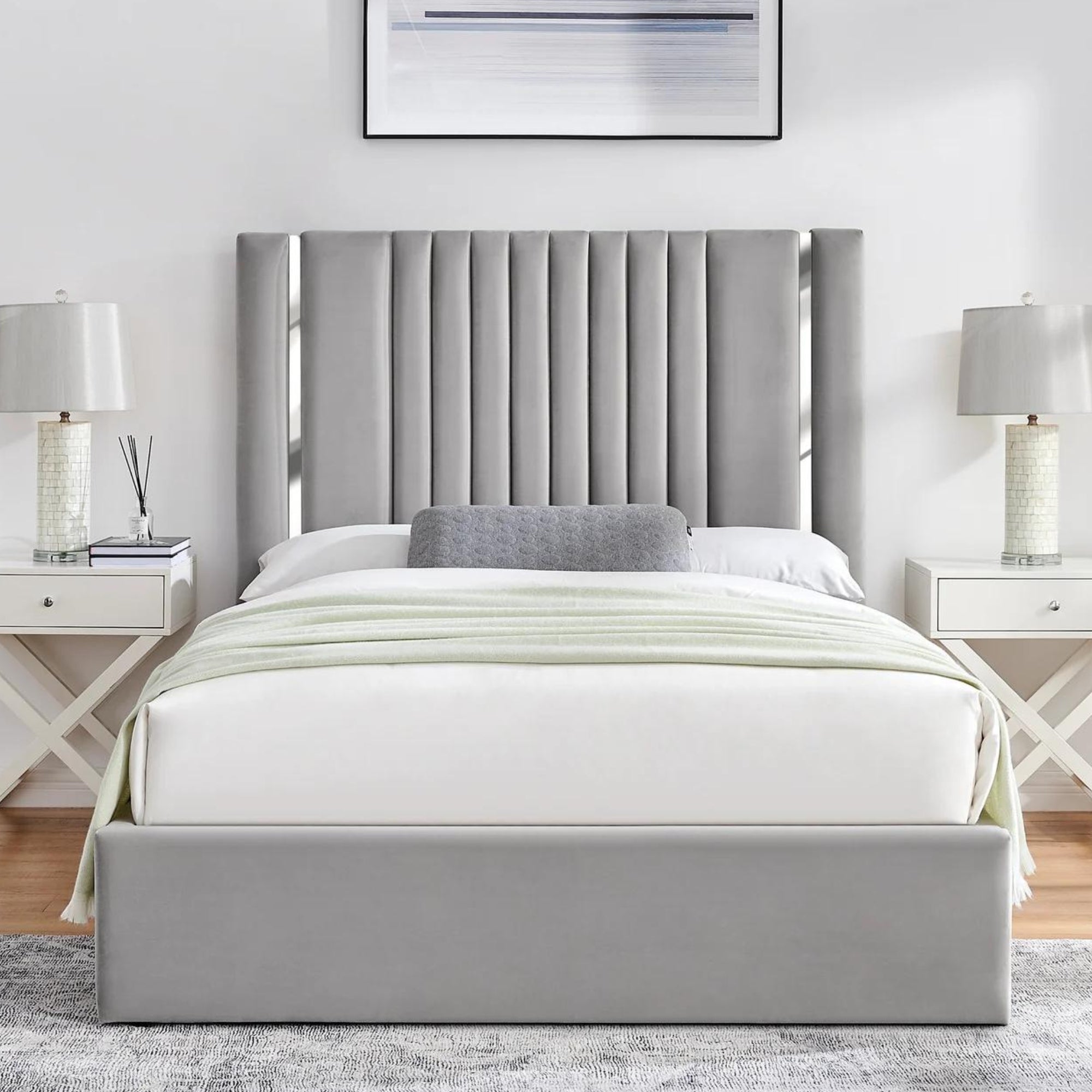 Gabriella Light Grey Ottoman Storage Bed with Chrome Detail