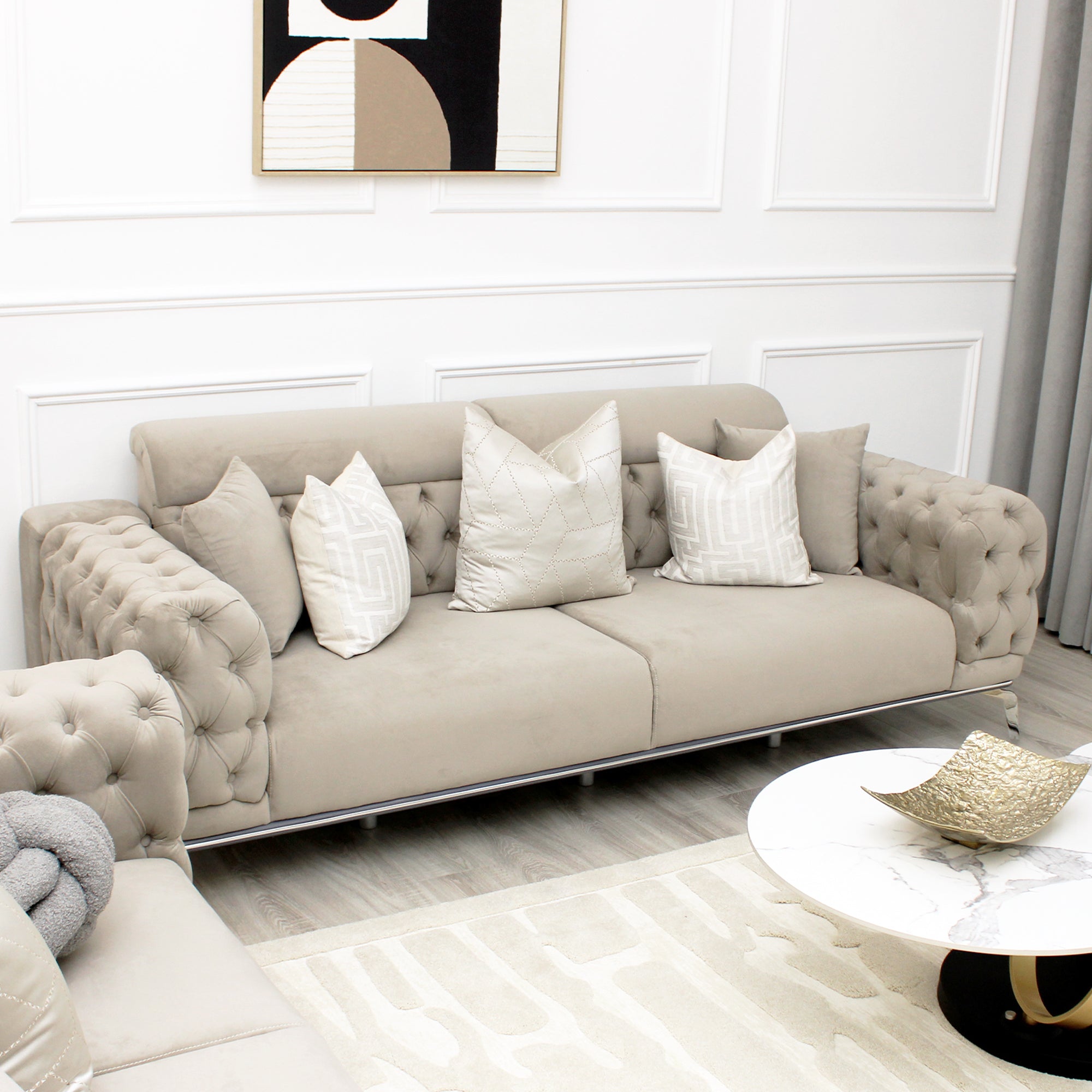 Yasmin Light Grey Velvet 3 Seater Sofa With Silver Legs