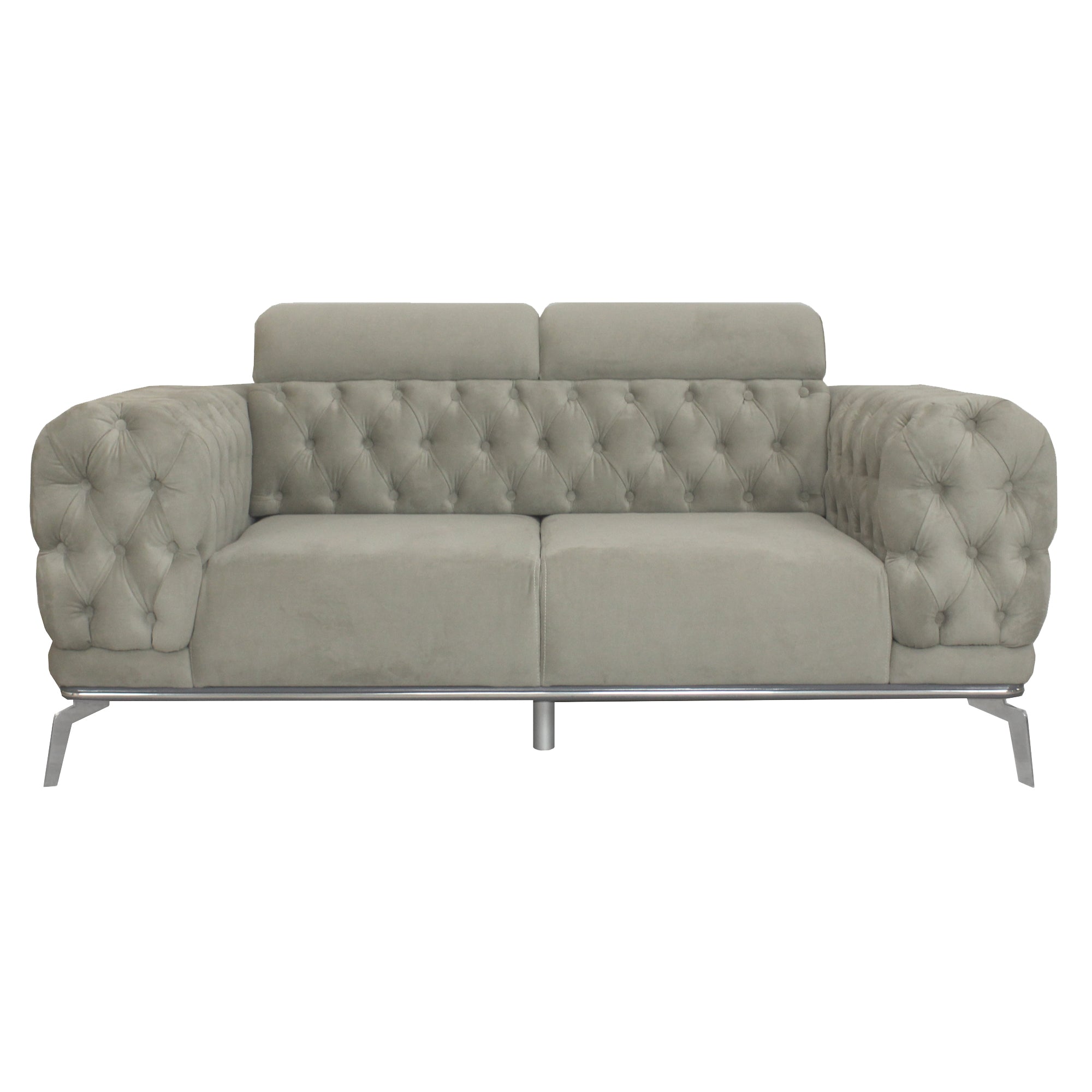Yasmin Buttoned Light Grey Velvet 2 Seater Sofa With Silver Legs
